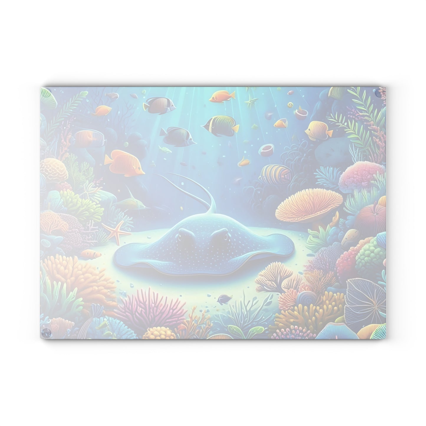 Stingray & Coral Reef Glass Cutting Board – Ocean Life Kitchen Decor with Saltwater Fish