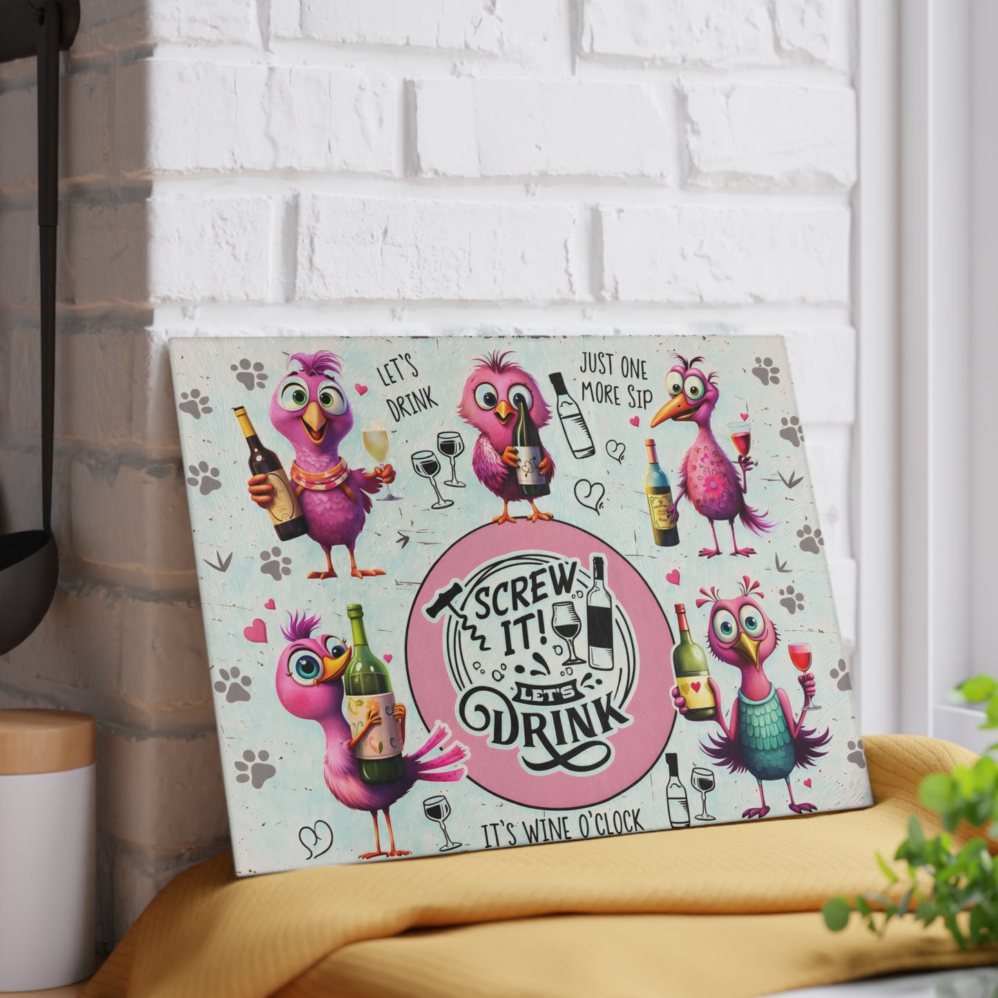 Funny Bird Wine Quote Glass Cutting Board – Whimsical Drinking Humor Kitchen Decor