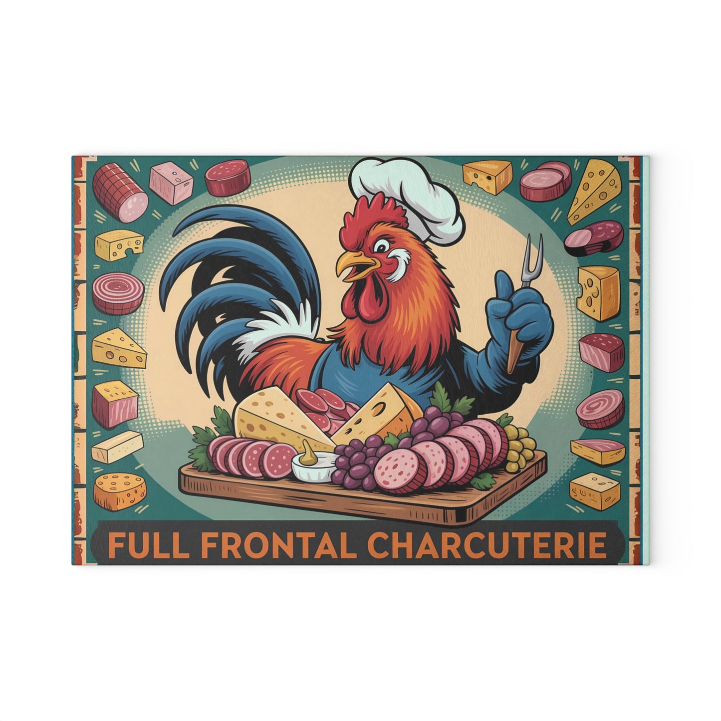 Tabla de cortar charcutería frontal completa: un divertido regalo de cocina con forma de gallo, queso y carne