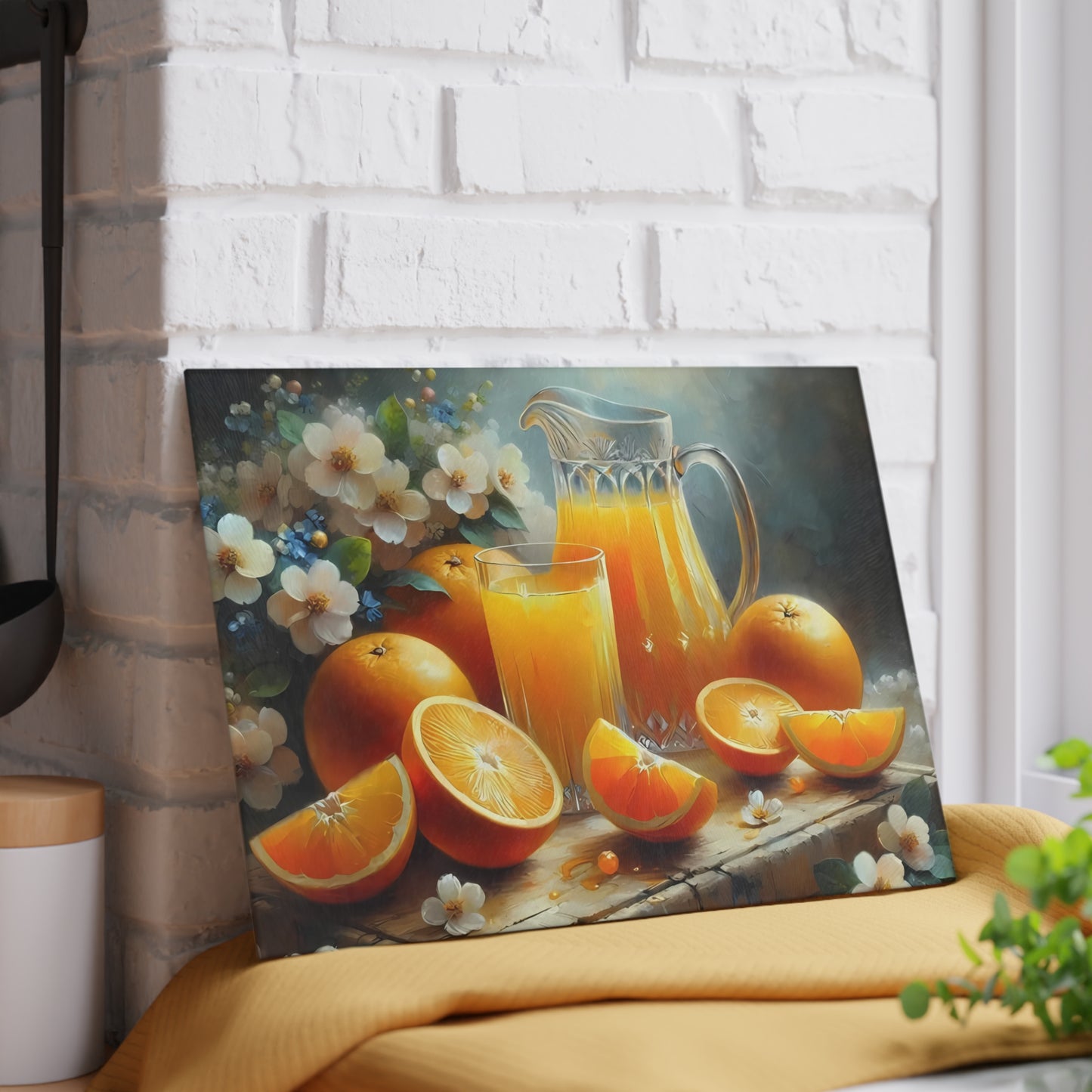 Tabla de cortar de vidrio templado para zumo de naranja recién exprimido: decoración cítrica para la cocina, bandeja para servir naranjas, regalo para el desayuno de verano