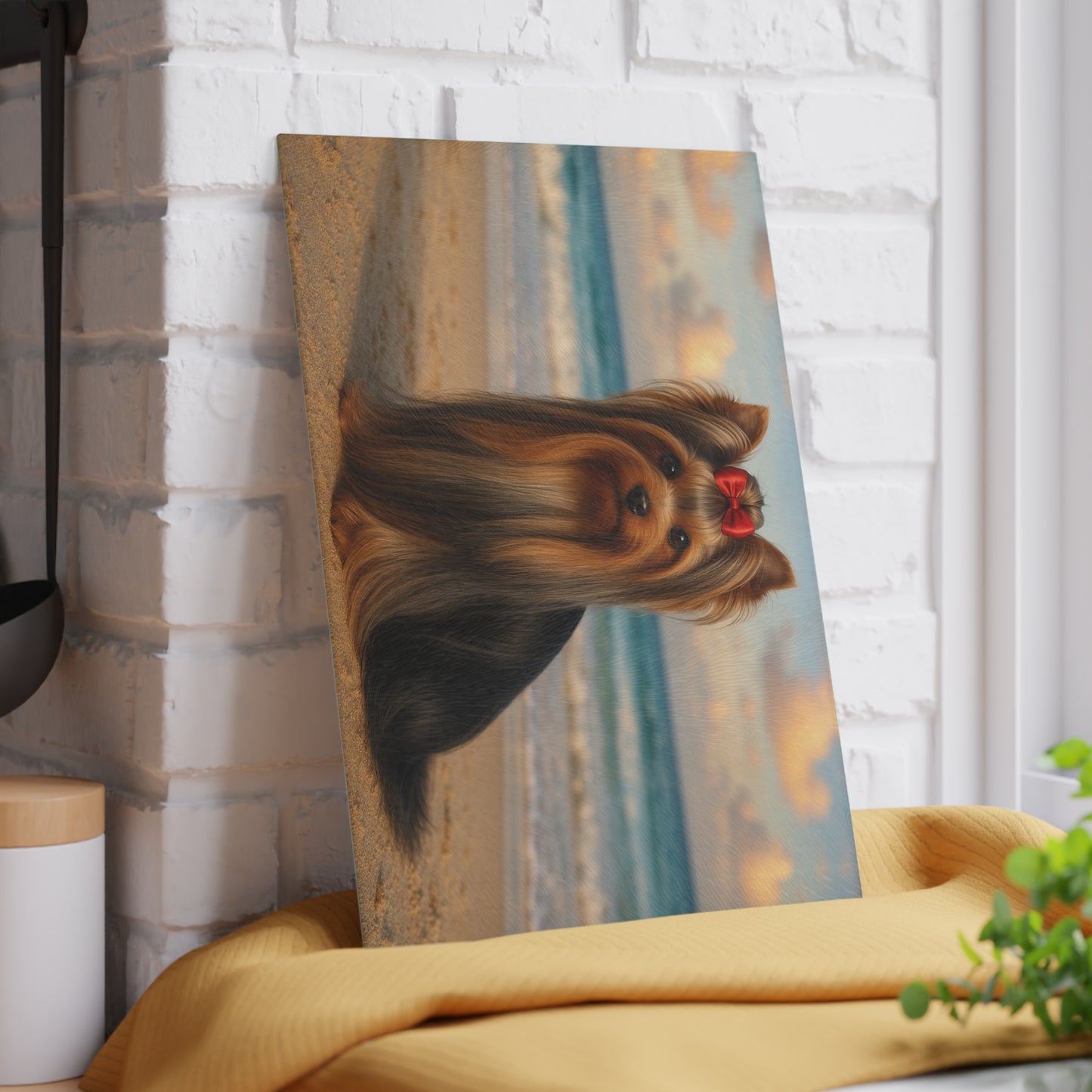 🐾🌊 Yorkie at the Beach Cutting Board – Coastal Glamour for Your Kitchen 🌴