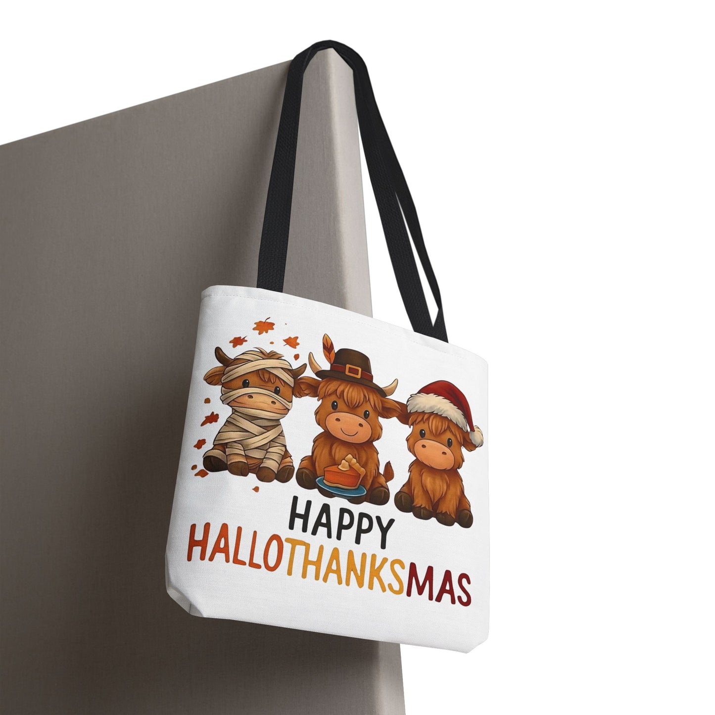 🐮 Happy Hallothanksmas Highland Cow Tote Bag – Holiday Fun All Season 🎃🦃🎄👜