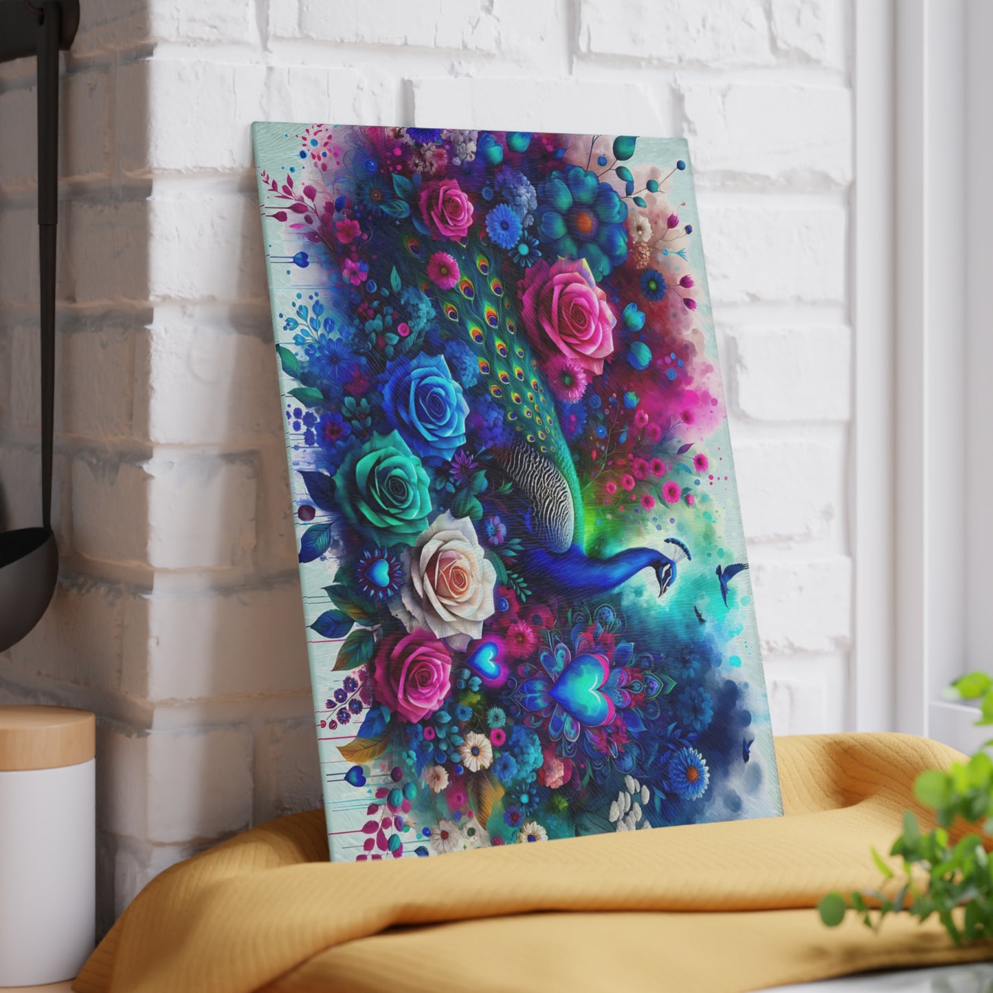 🦚🌹 Peacock Rainbow Floral Cutting Board – Vibrant Elegance Meets Artistic Charm 💙🌸