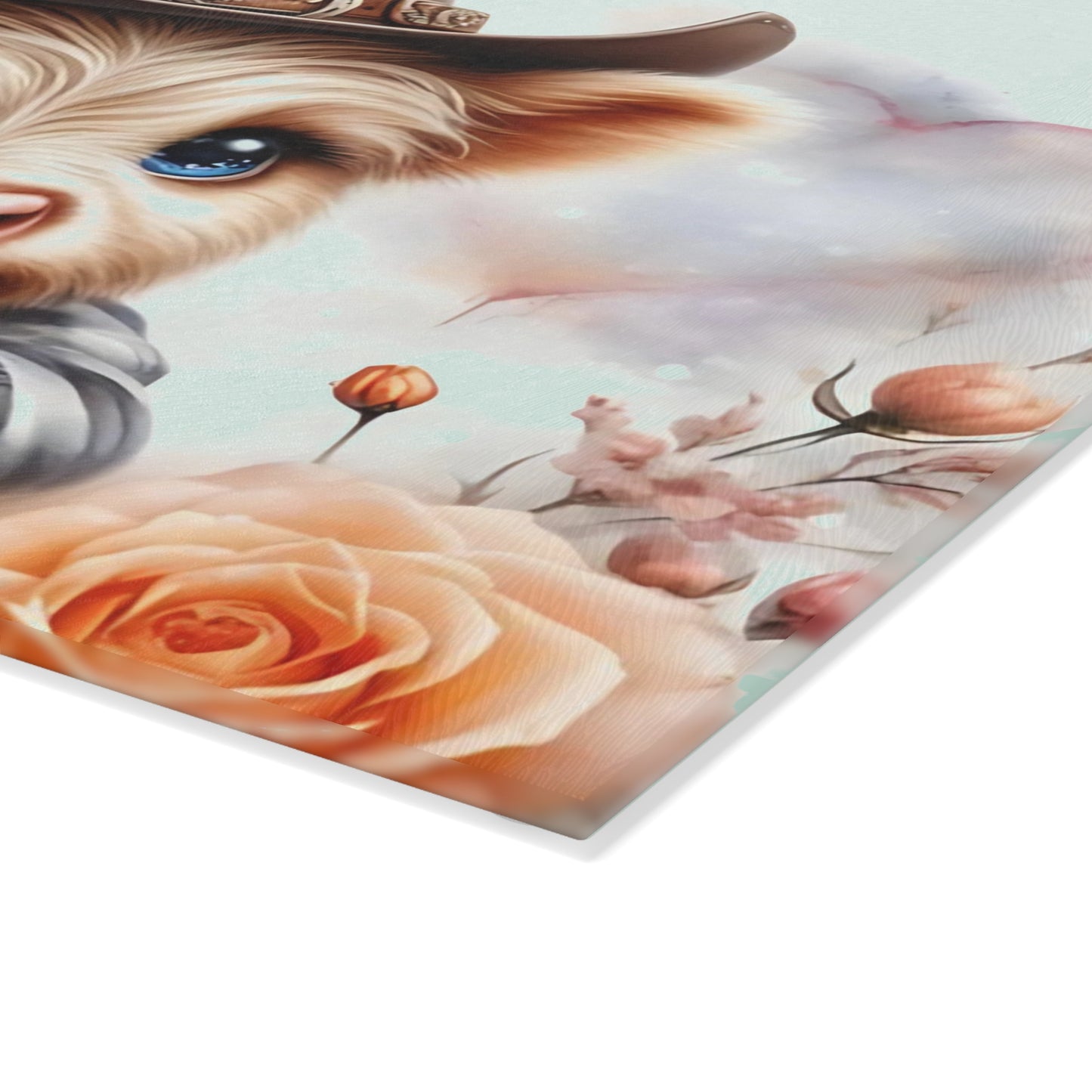 Highland Cow with Cowboy Hat Glass Cutting Board – Western Farmhouse Decor, Floral Country Kitchen Gift