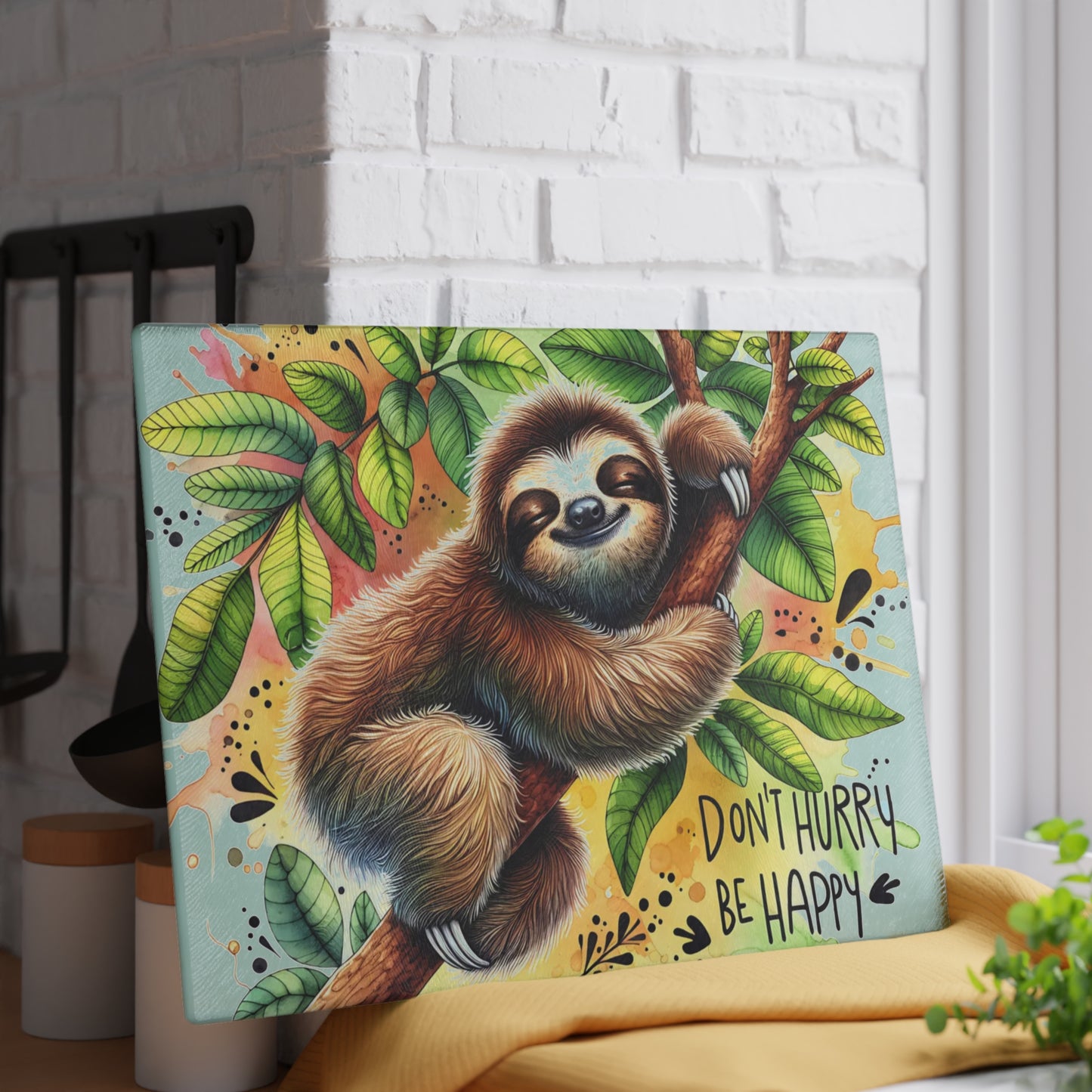 Sloth “Don’t Hurry Be Happy” Cutting Board – Whimsical Jungle Charm for Your Kitchen