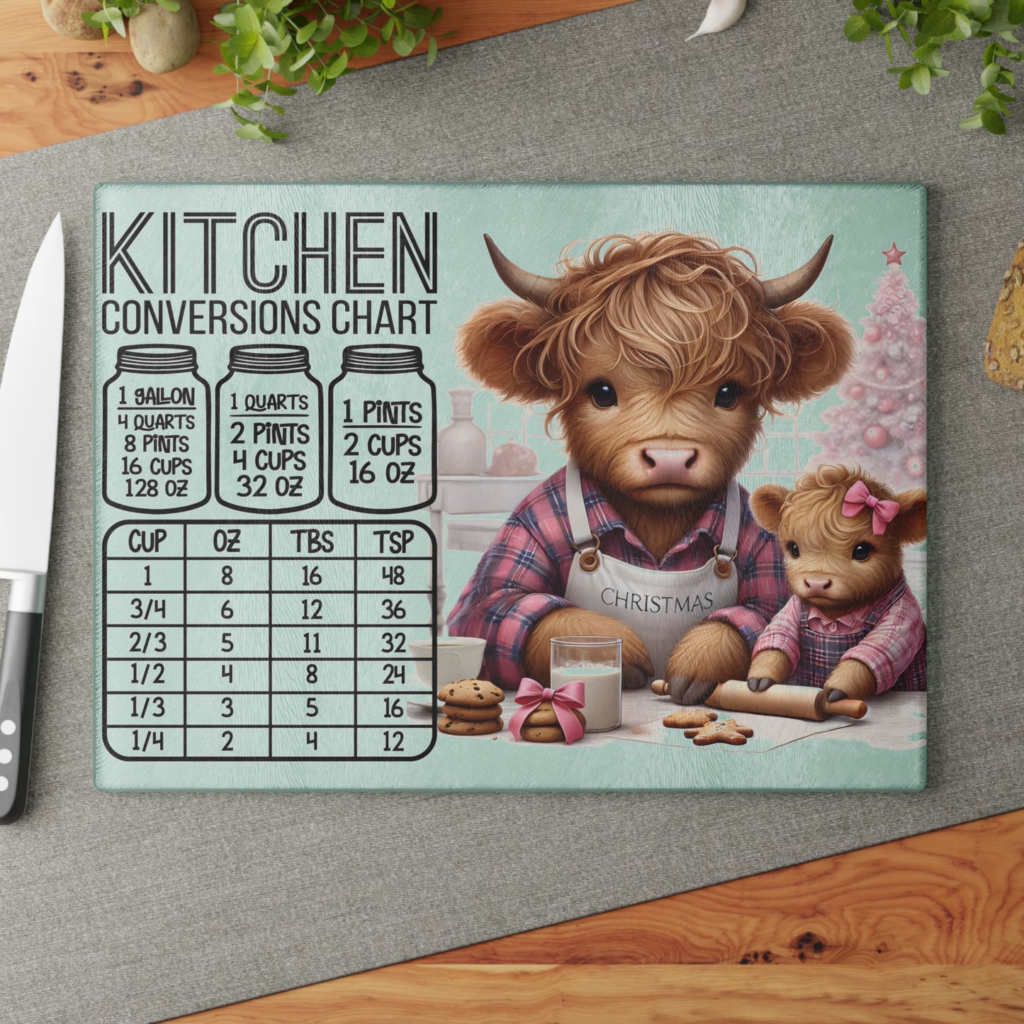 🎄 Highland Cow Christmas Kitchen Conversions Cutting Board – Festive Baking Fun with Farmhouse Charm