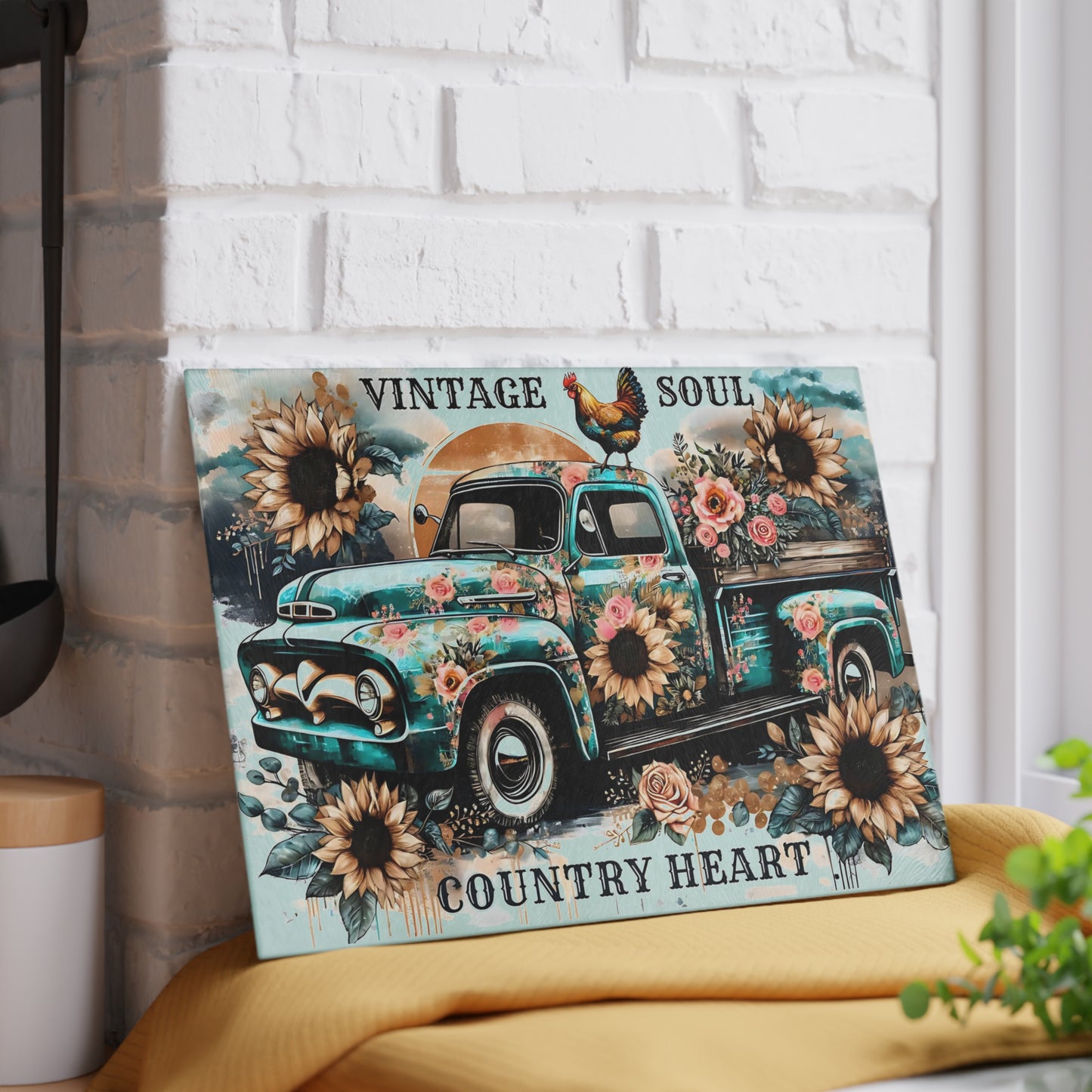 🚜🌻 Vintage Soul Country Heart Cutting Board – Rustic Truck & Sunflower Charm 🐓🌹