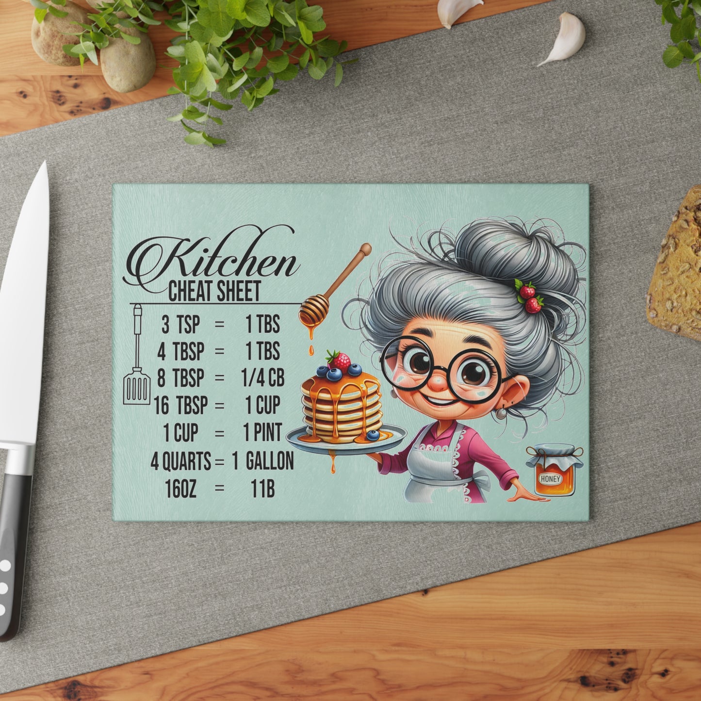 Tabla de cortar con trucos para la cocina: adorable abuela y práctica tabla de conversión de cocina