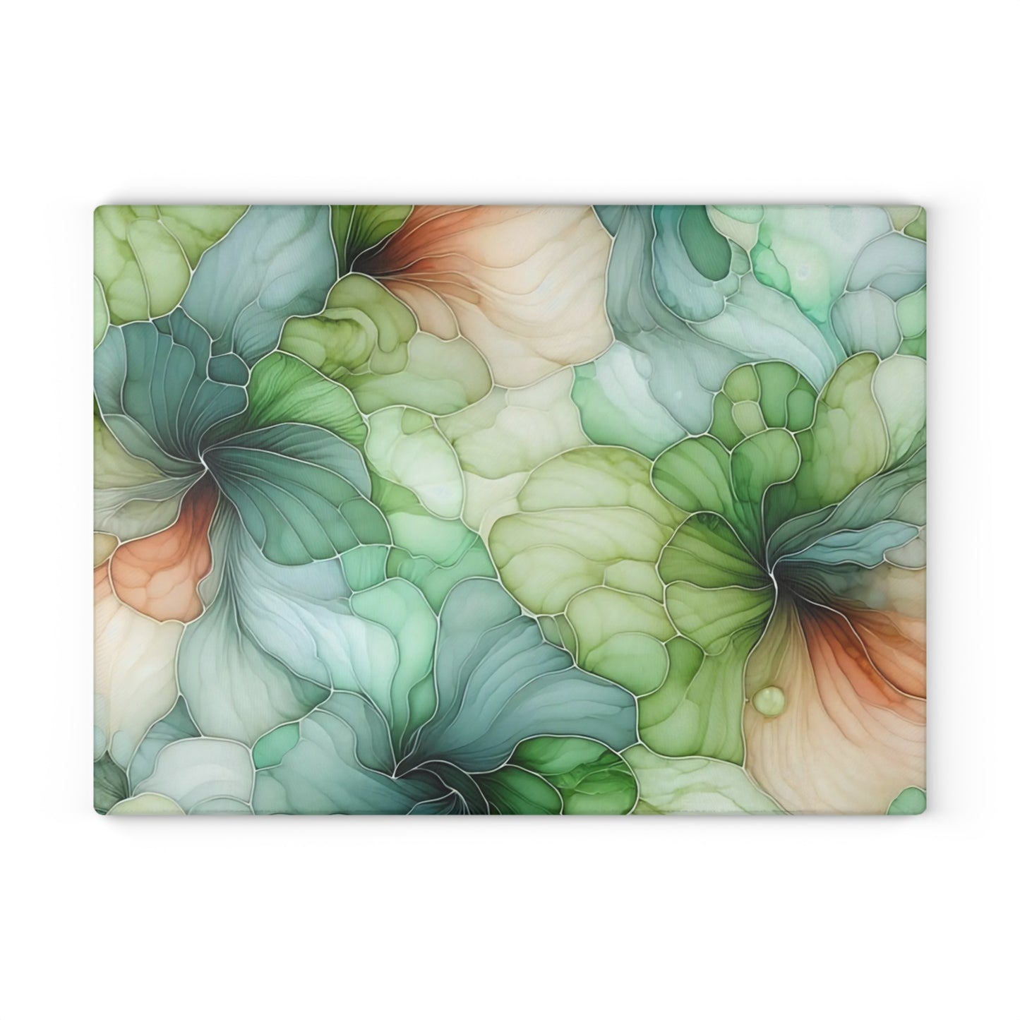 Tabla de cortar de vidrio abstracto en verde, óxido y verde azulado: elegancia y funcionalidad.