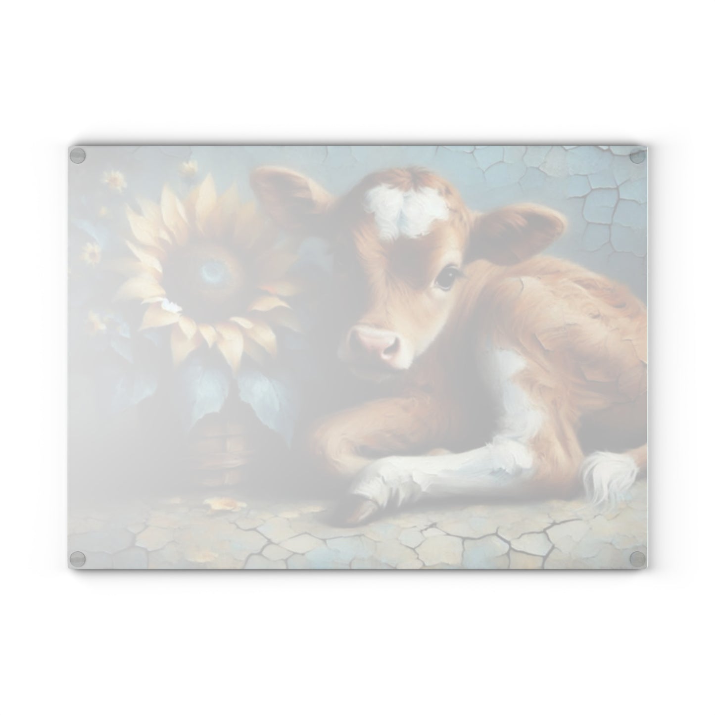 🌻 Sunflower Calf Glass Cutting Board – Rustic Farmhouse Charm for Your Kitchen