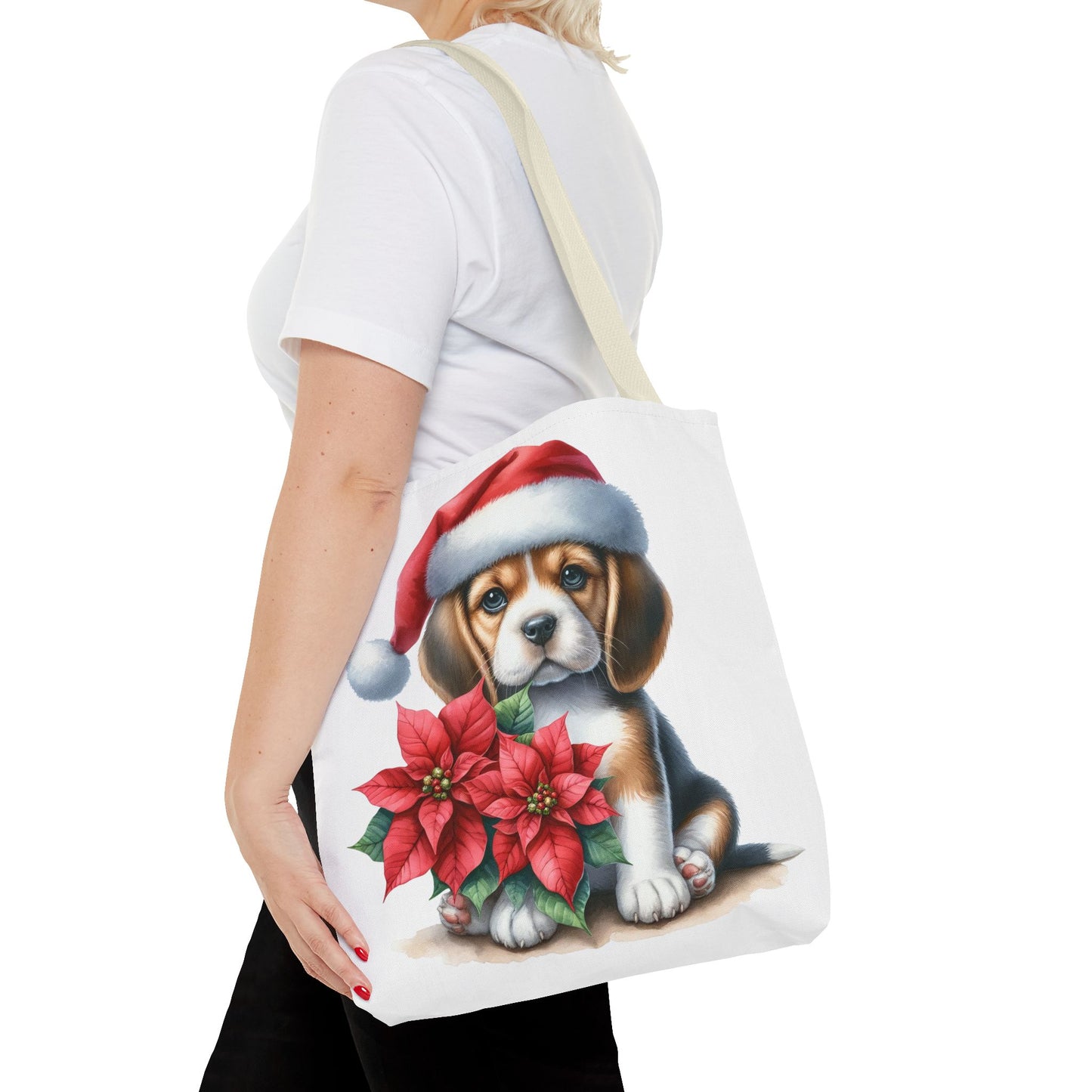 🐶 Beagle Puppy & Poinsettia Christmas Tote Bag – Sweet Holiday Charm in Every Step 🎄
