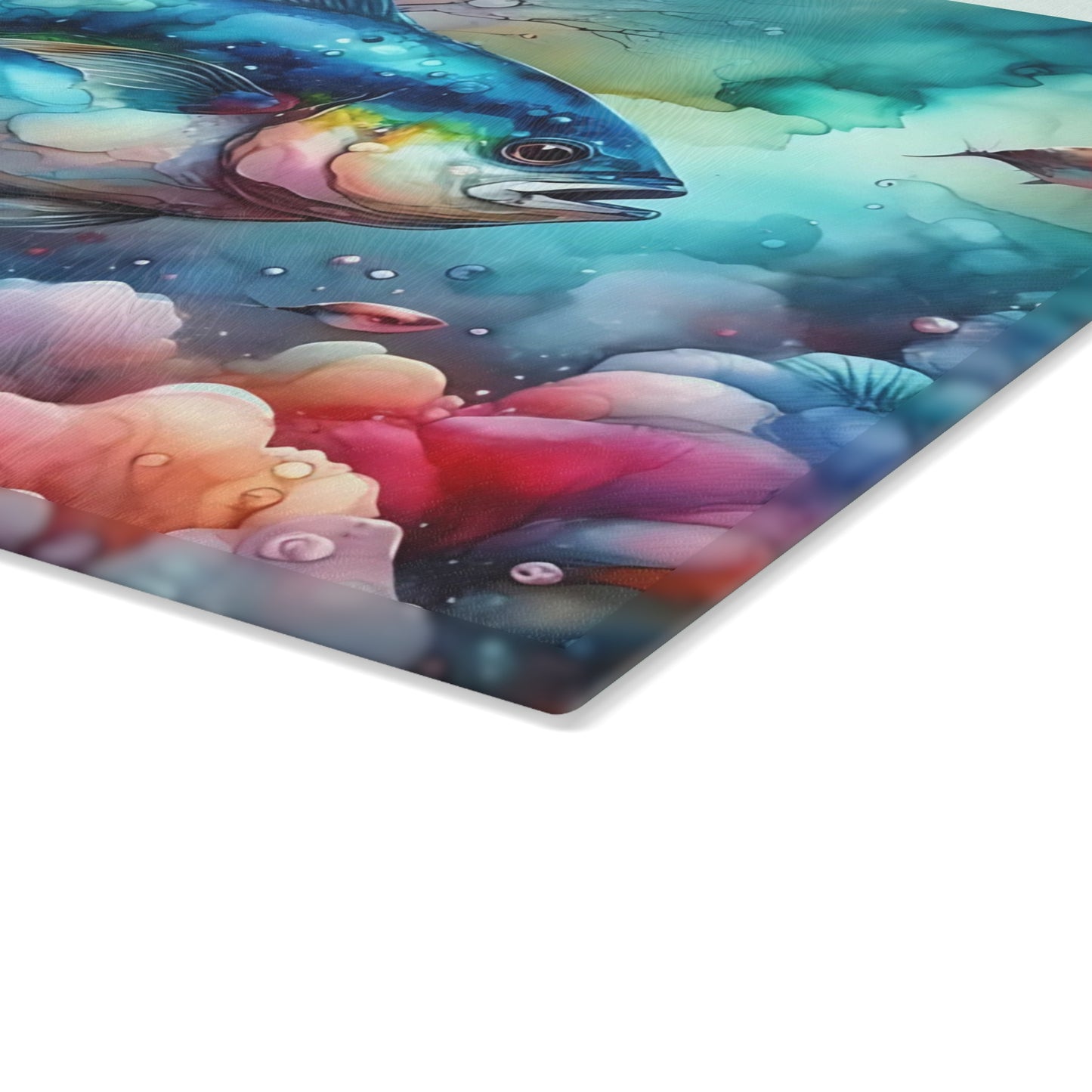 Tabla de cortar de vidrio con acuarela de atún: arte oceánico colorido para cocinas costeras y creativas