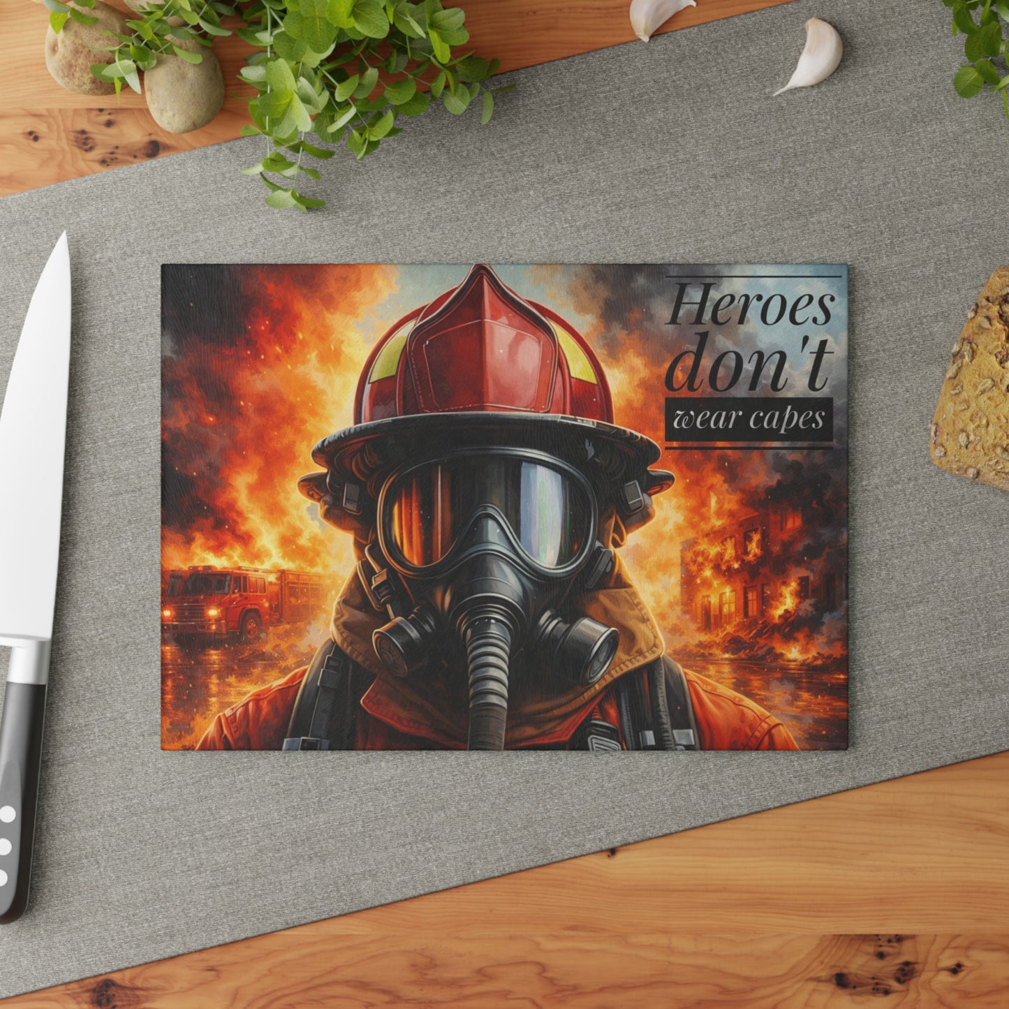 Firefighter Hero Tribute Glass Cutting Board – First Responder Strength Kitchen Art