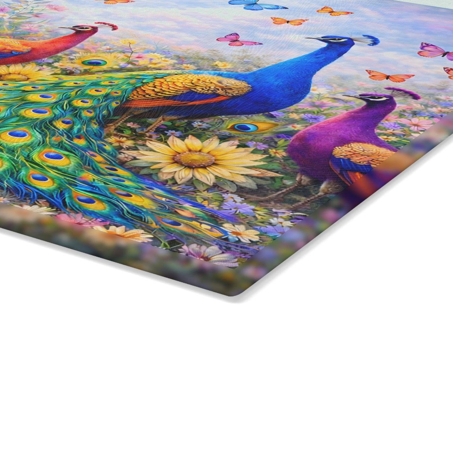 Peacock Glass Cutting Board – Elegant Nature-Inspired Kitchen Accent