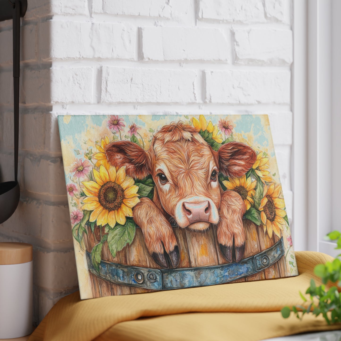 🐮🌻 Sunflower Calf Cutting Board – Rustic Farmhouse Beauty for Your Kitchen 🌼