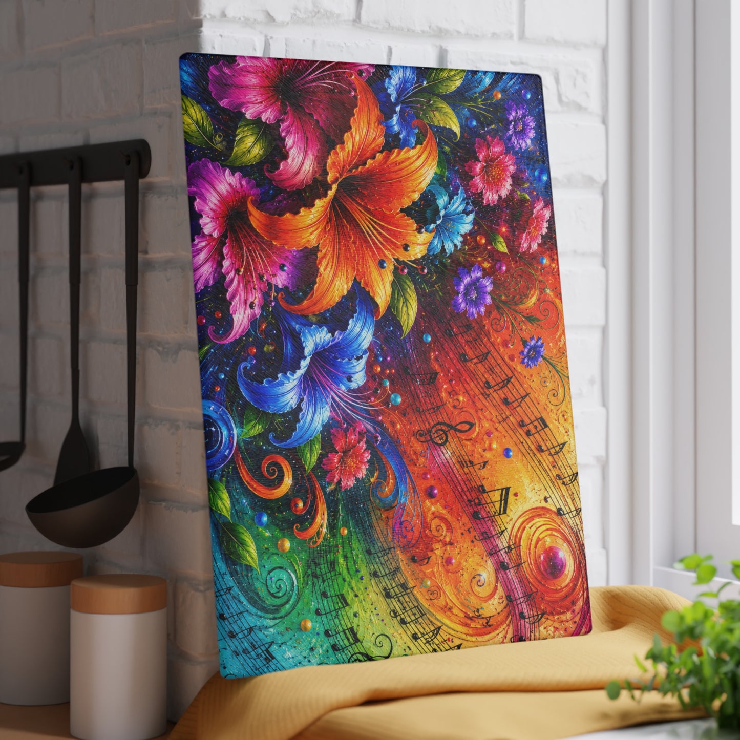 Floral Music Notes Glass Cutting Board