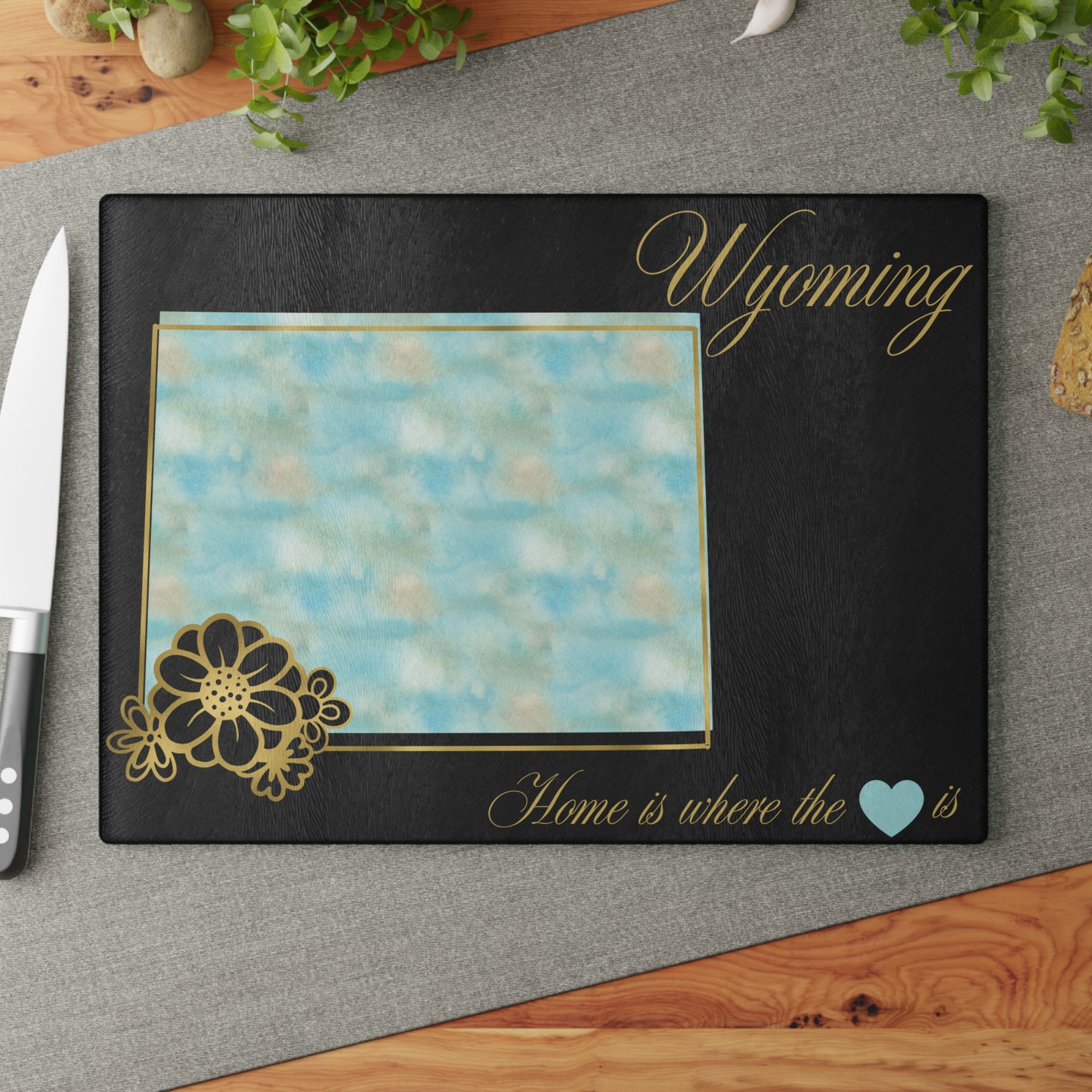 🌿 Wyoming Floral State Cutting Board – Sky Blue Serenity Meets Rustic Gold 🌿