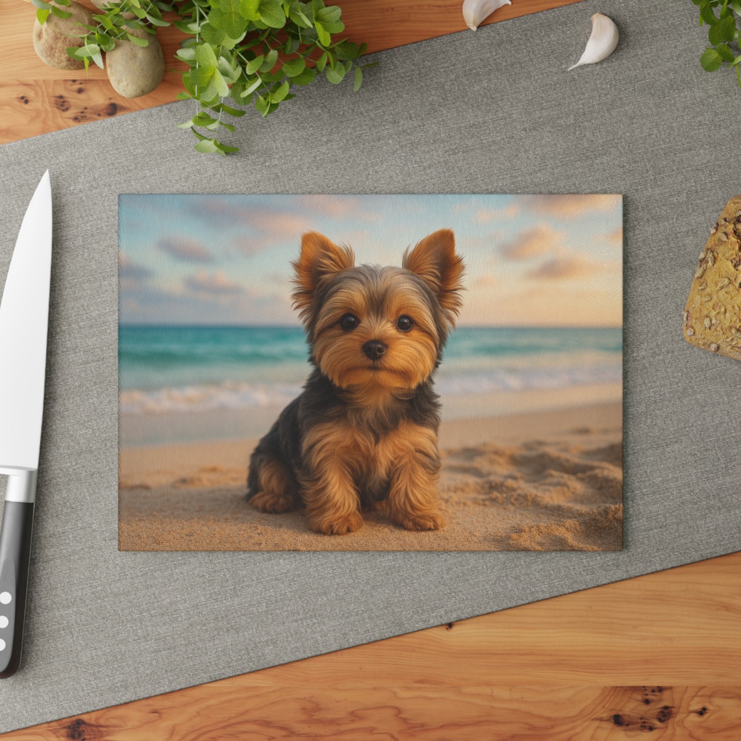 ๐พ๐ Yorkie Puppy at the Beach Cutting Board โ Coastal Cuteness for Your Kitchen ๐