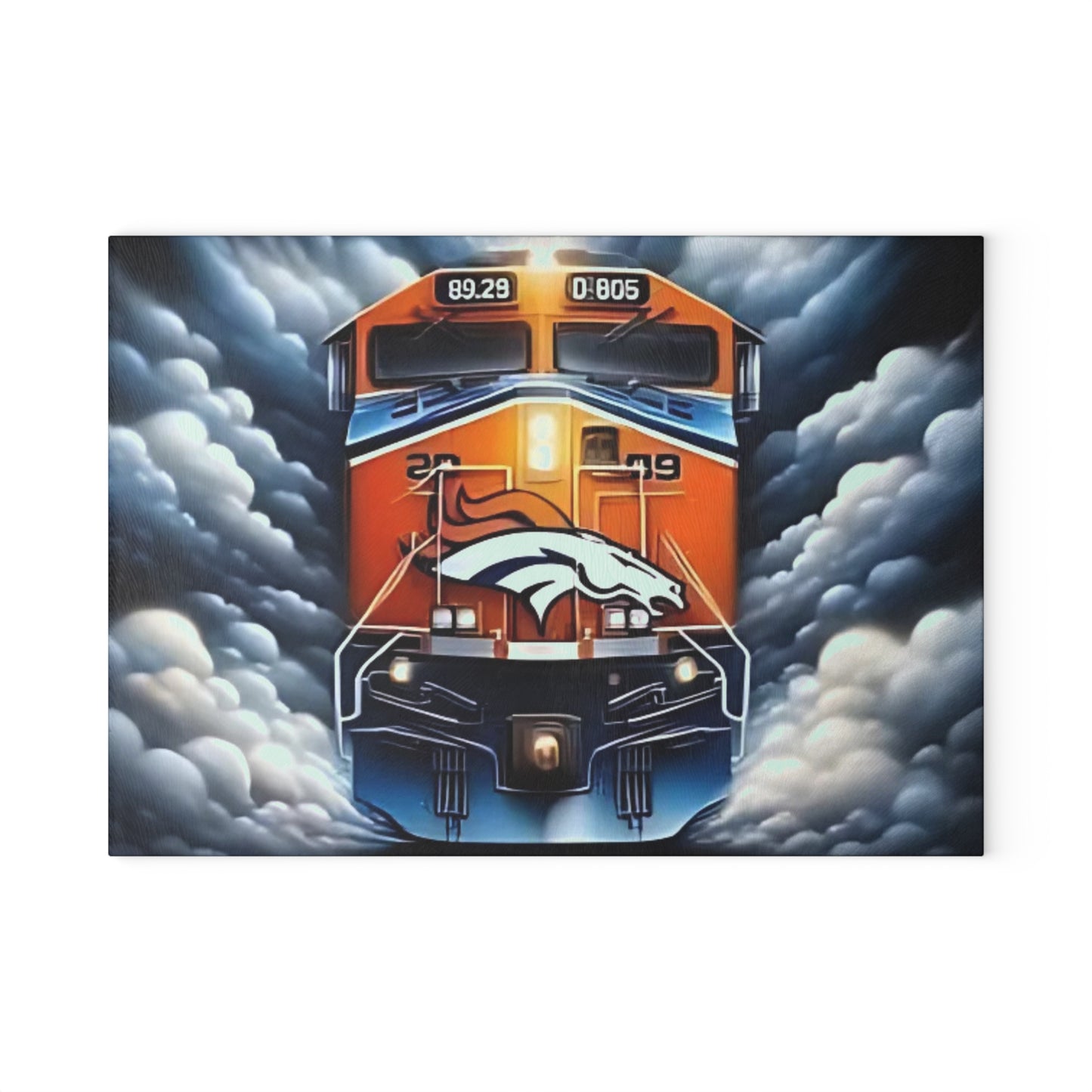 Tabla de cortar de vidrio Express azul y naranja: arte dinámico con trenes para cocinas dinámicas y audaces