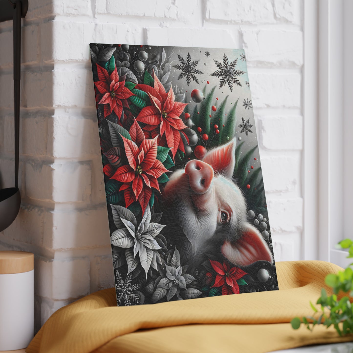 🐷✨ “Holiday Poinsettia Pig” Glass Cutting Board – Festive Farmhouse Cheer for Your Kitchen