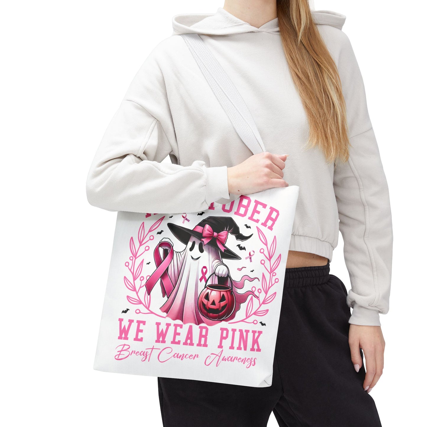 🎀 In October We Wear Pink Tote Bag – Breast Cancer Awareness with Spooky Charm 🎃