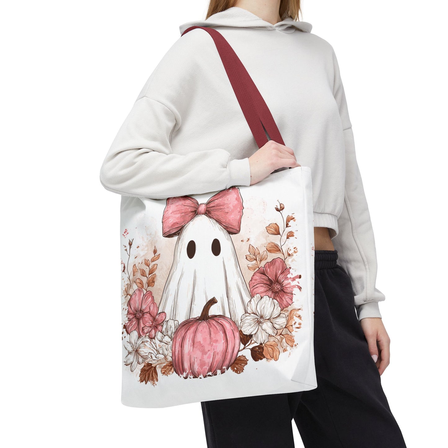 ๐ป Pink Bow Ghost Floral Halloween Tote Bag โ Spooky Cute with Fall Charm ๐๐