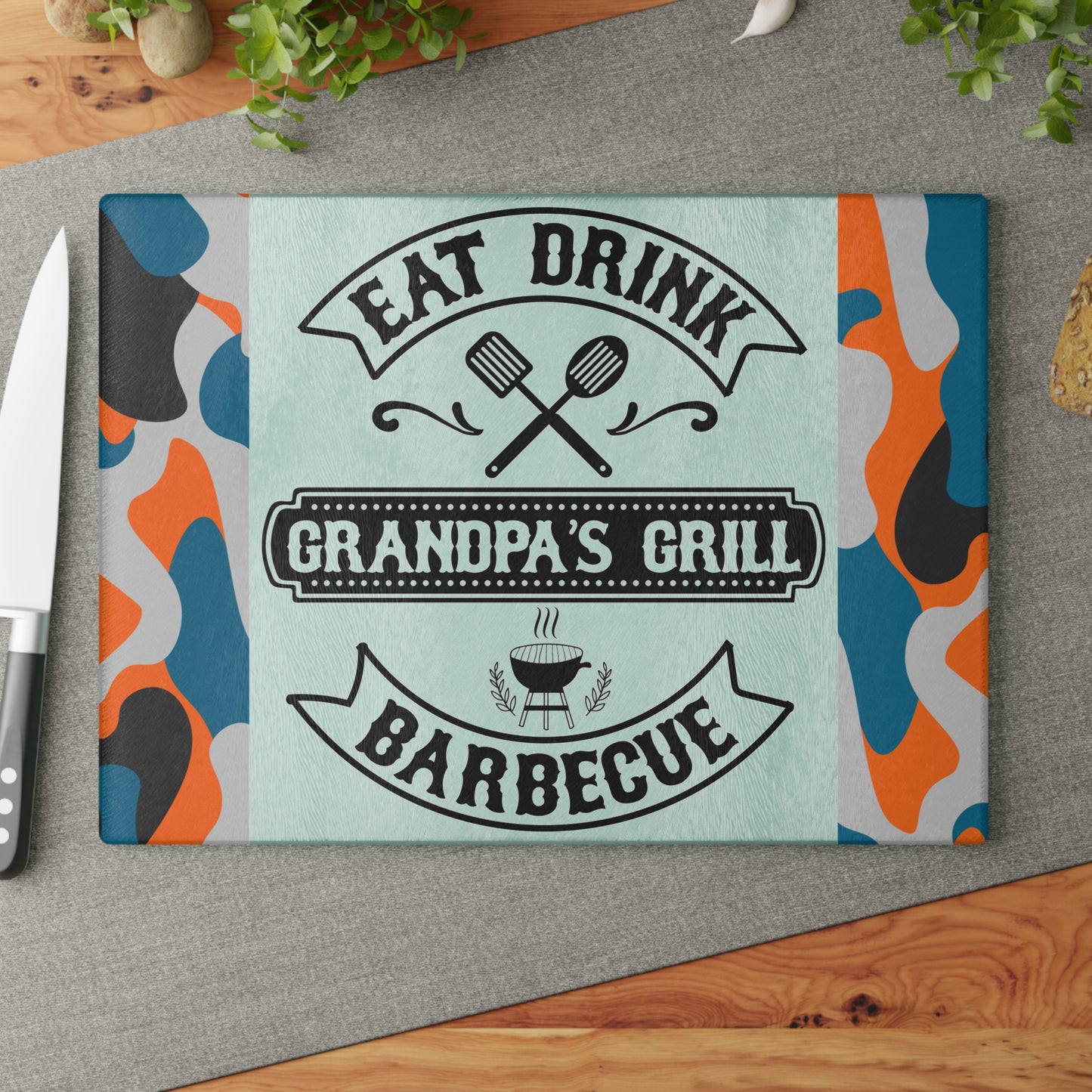 EAT DRINK GRANDPA’S GRILL BARBEQUE – Camo Glass Cutting Board for Backyard Kings 🧢🍔