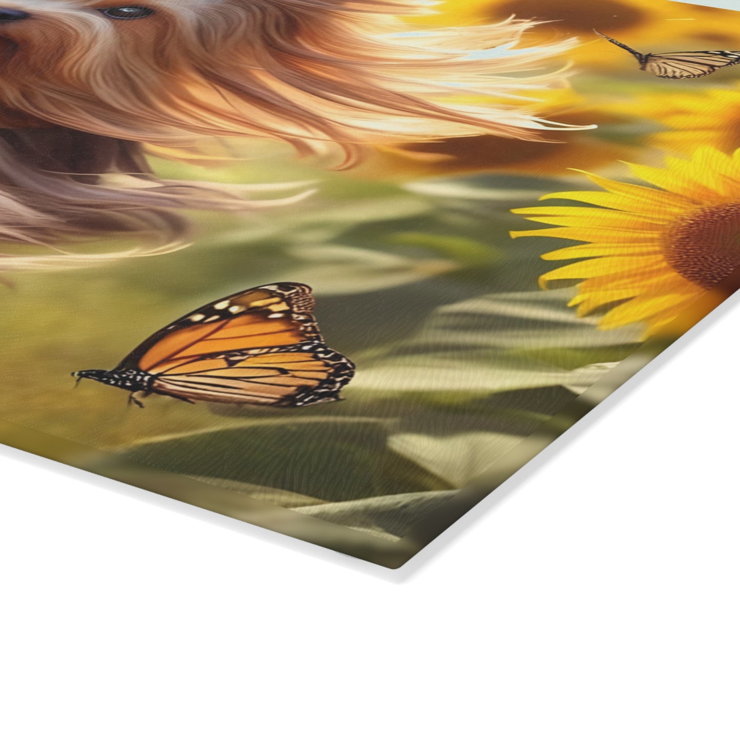 Yorkie in the Sunflowers – Tempered Glass Cutting Board