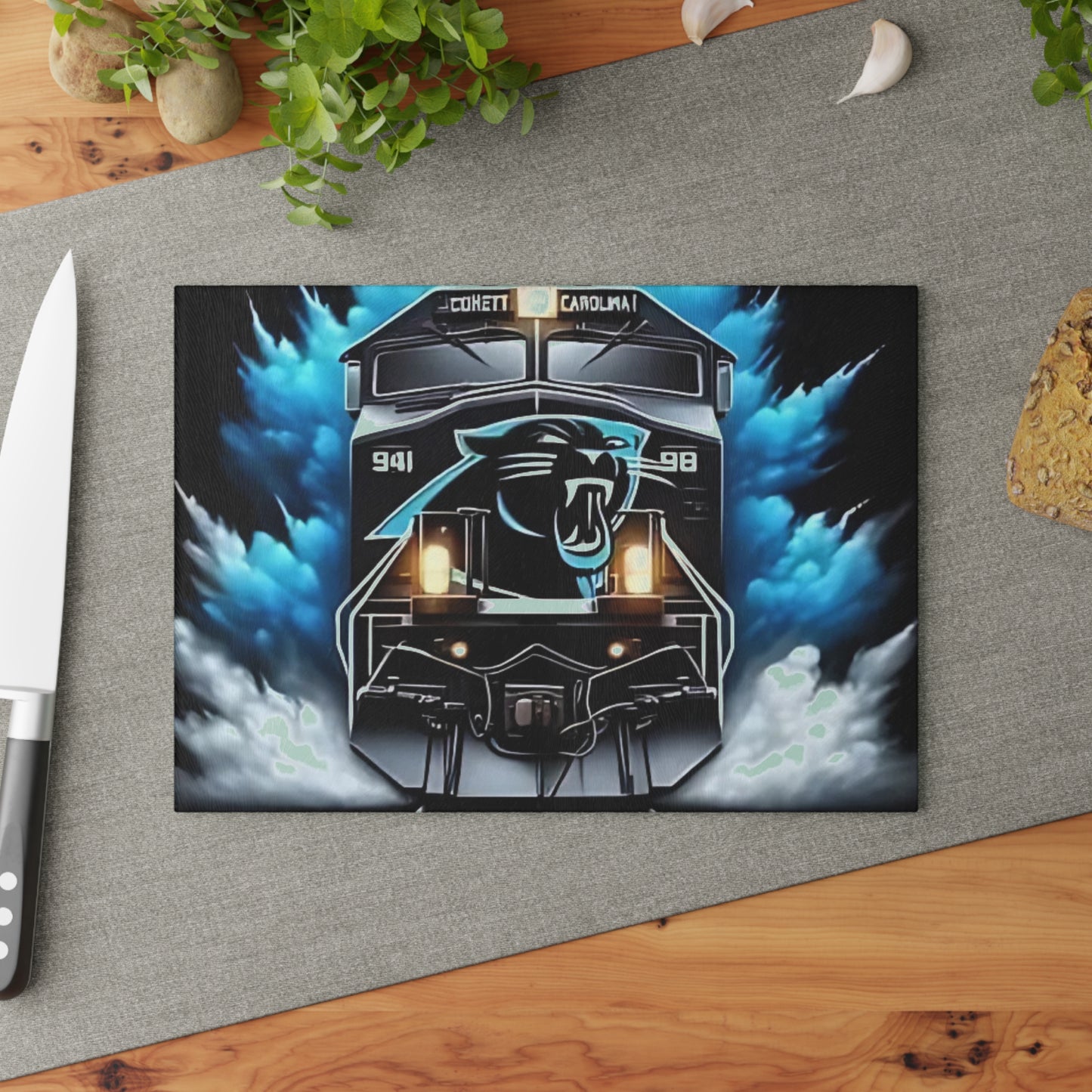Panther Blue & Black Express Glass Cutting Board – Sleek Train Art for Bold Modern Kitchens
