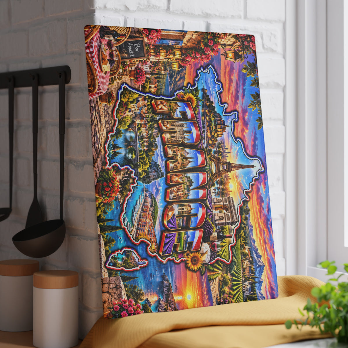 France Map Cutting Board – Eiffel Tower, Paris Landmarks, Lavender Fields, French Riviera & Scenic Kitchen Décor