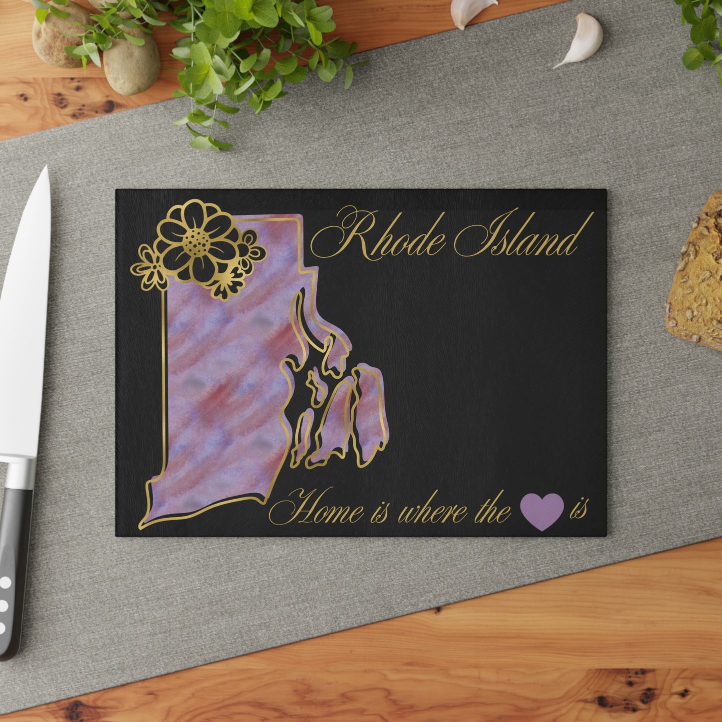 🖤 Rhode Island State Cutting Board – Elegant Watercolor Pride with Gold Florals 💜