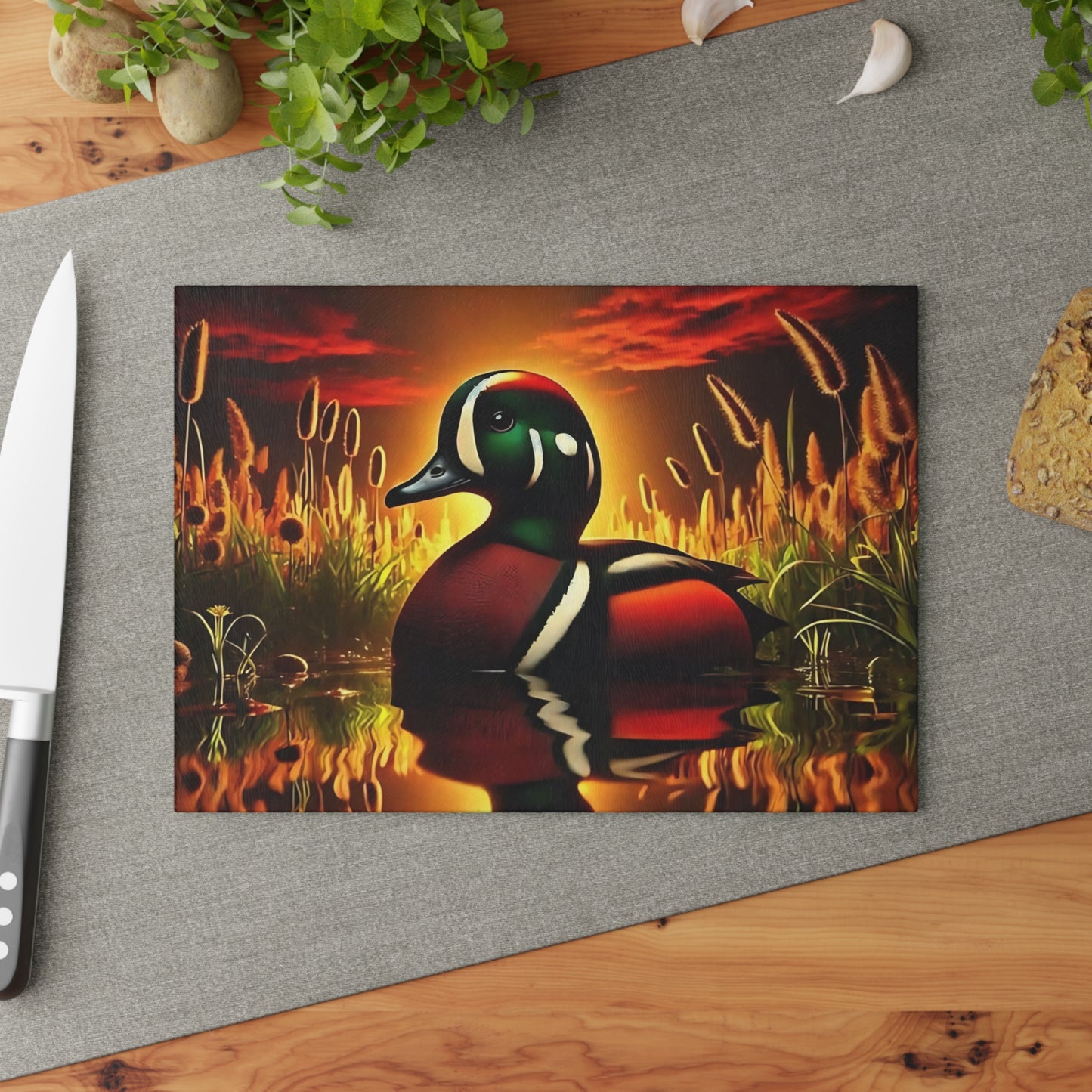 🦆 Sunset Marsh Duck Cutting Board – Vivid Waterfowl Charm for Rustic Kitchen Décor