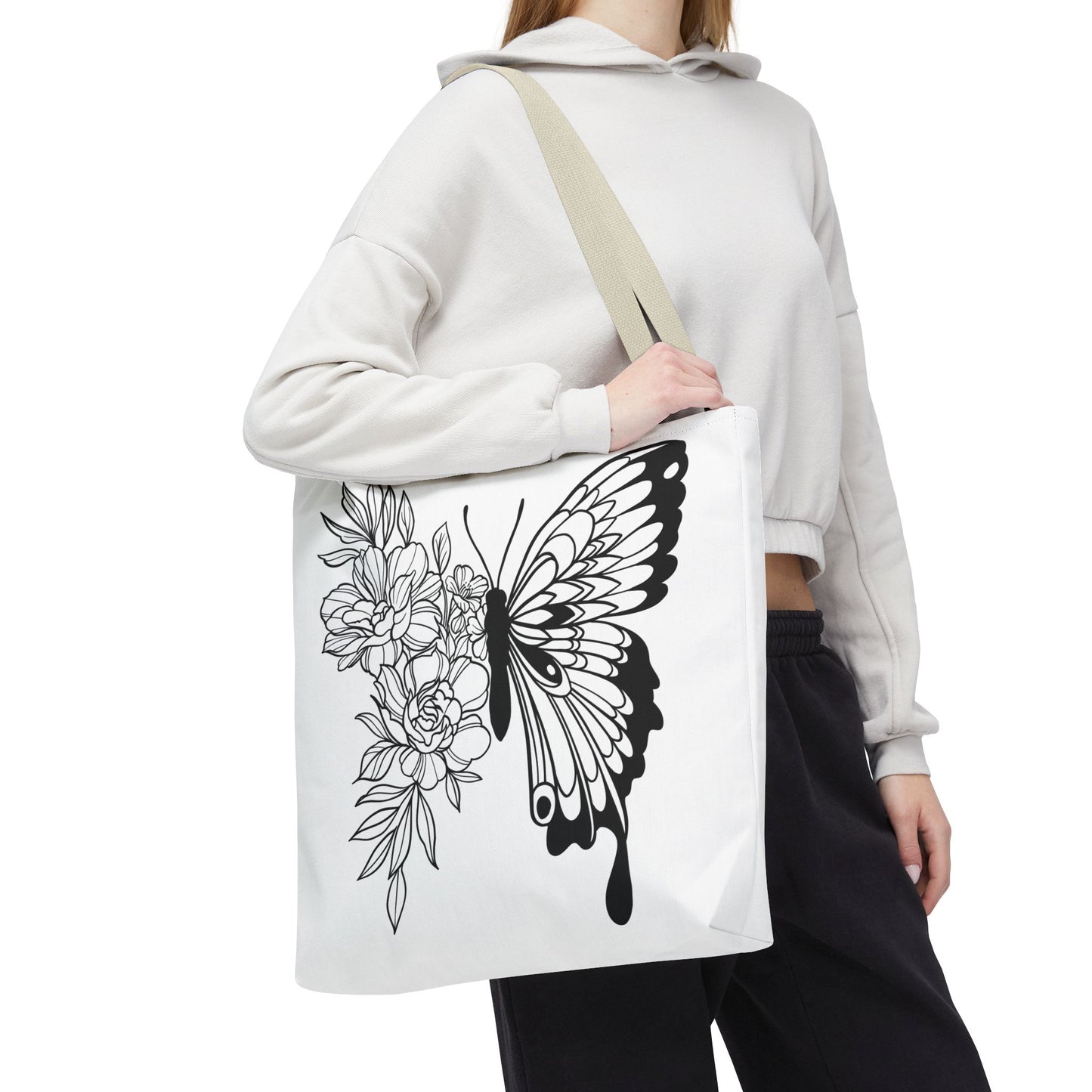 🦋 Black & White Butterfly Floral Tote Bag – Elegant Simplicity in Every Carry 🌸👜