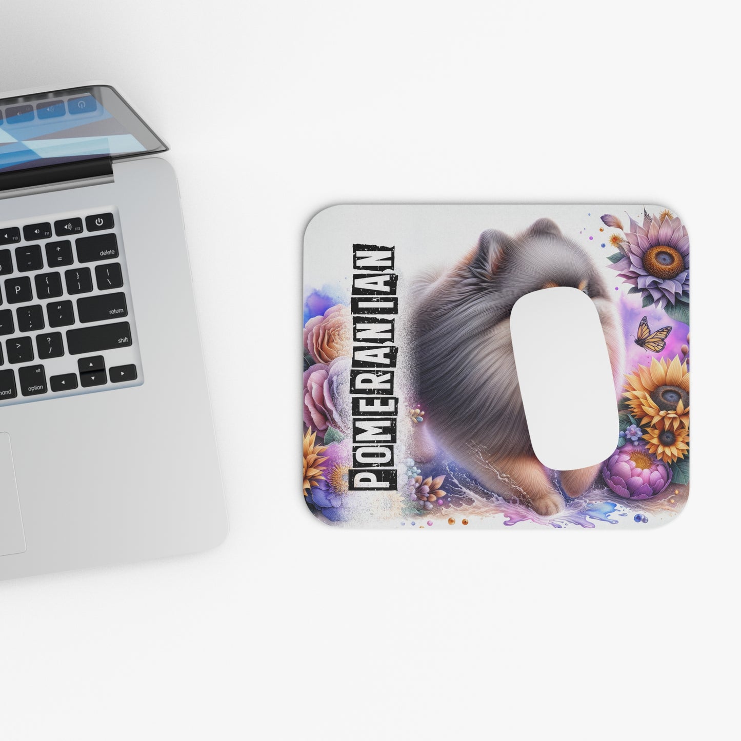 🖱️🦊🌷 Pomeranian Mouse Pad – Fluffy Pom with Sunflowers & Pastel Florals
