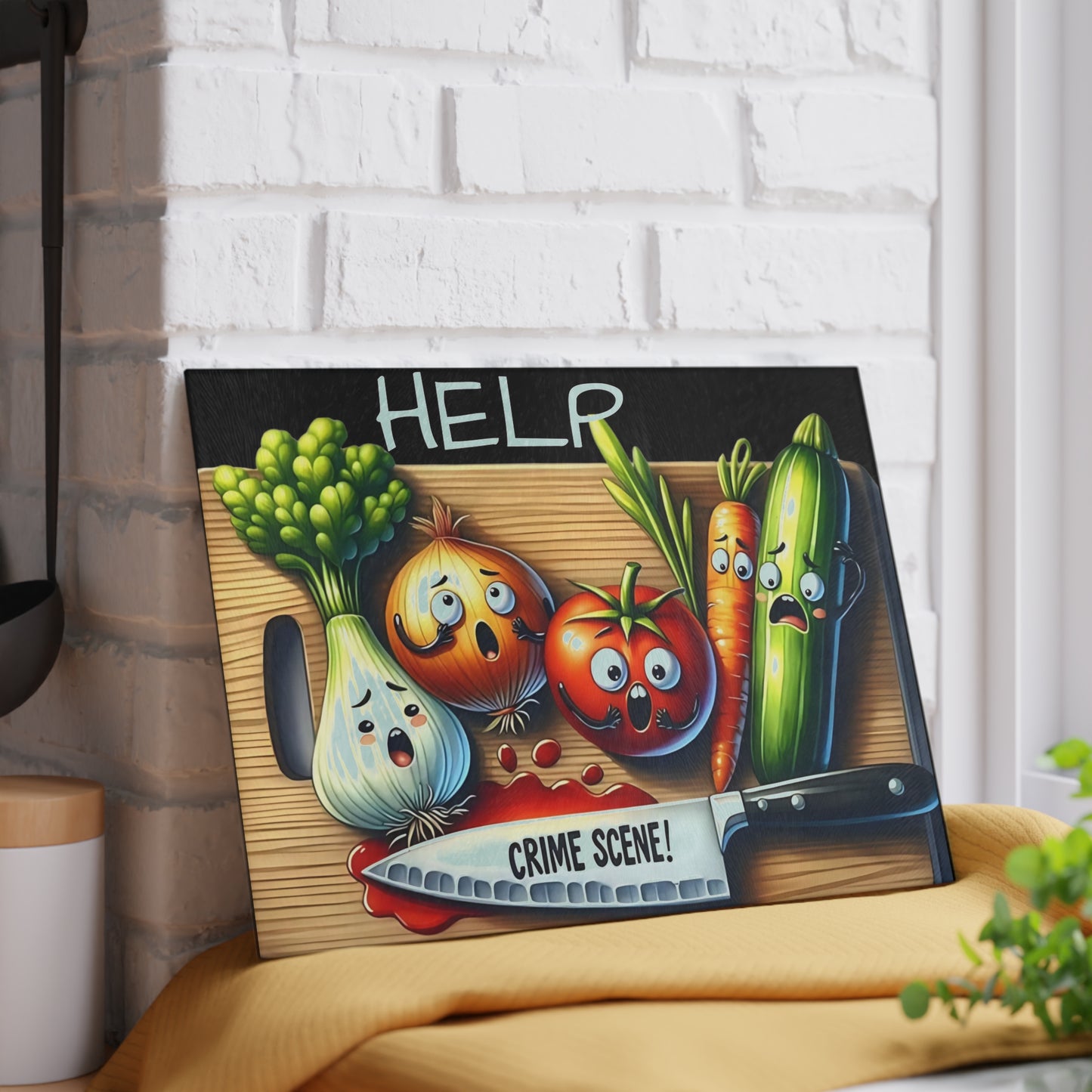 Tabla de cortar de vidrio para escena del crimen en la cocina: ¡Vegetales gritones y estilo asesino!