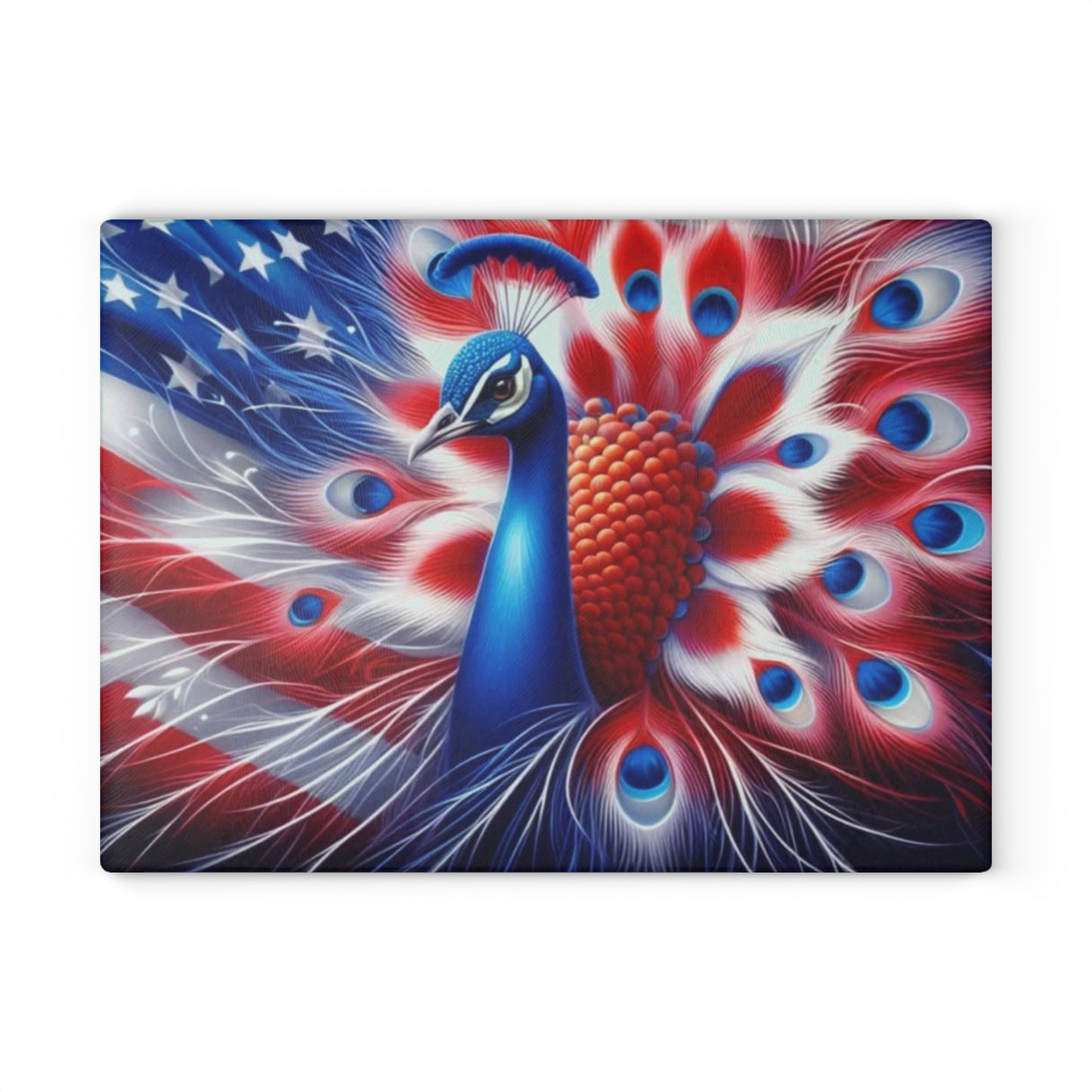 🦚 4th of July Patriotic Peacock Glass Cutting Board – Red, White & Beautiful!