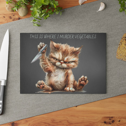 "This is Where I Murder Vegetables" – Funny Cat Glass Cutting Board