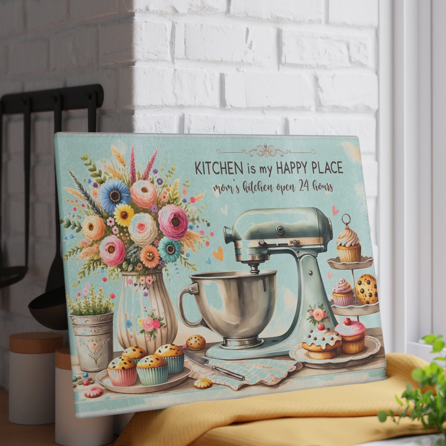 🧁 Kitchen Is My Happy Place Cutting Board – Whimsical Retro Charm for the Sweet-Hearted Baker