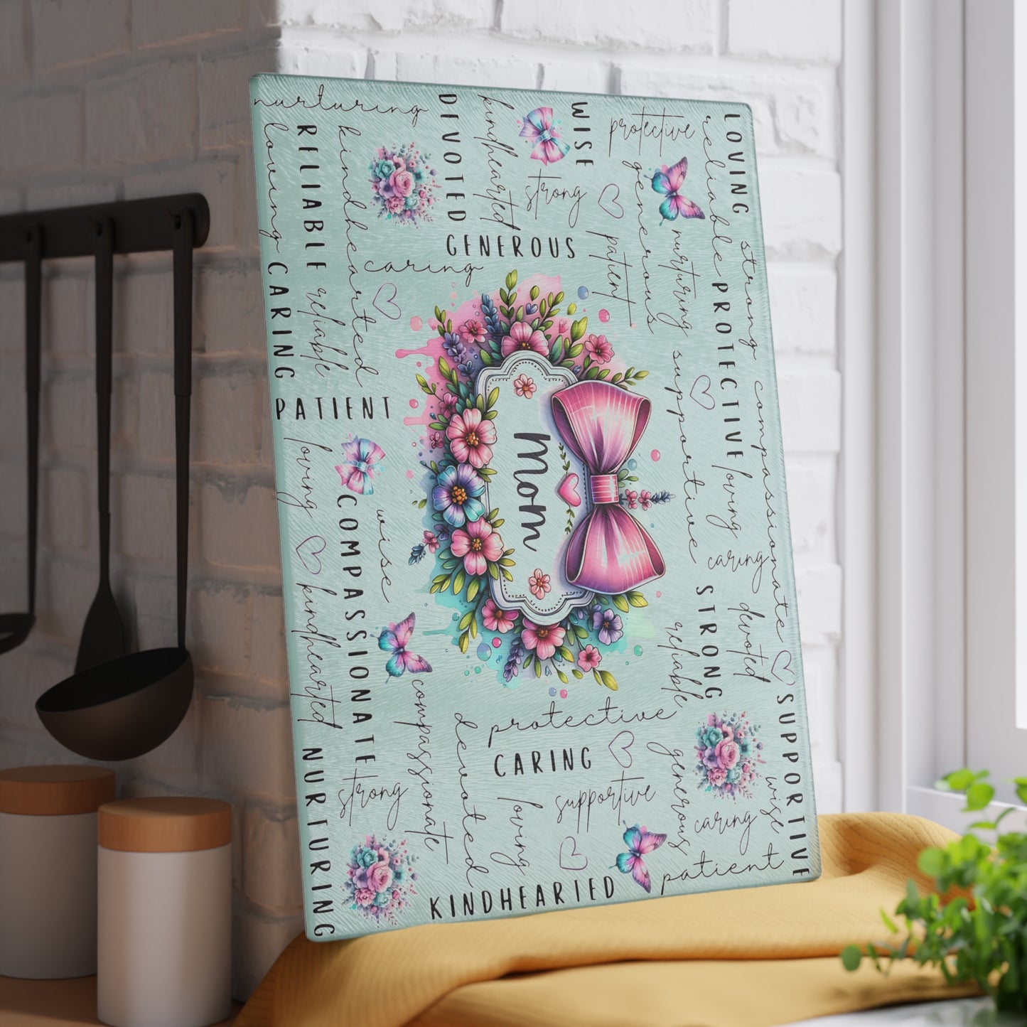 🐾🌸 Mom Pink Bow Floral Cutting Board – Elegant Gift of Love for the Heart of the Home 💕🌼