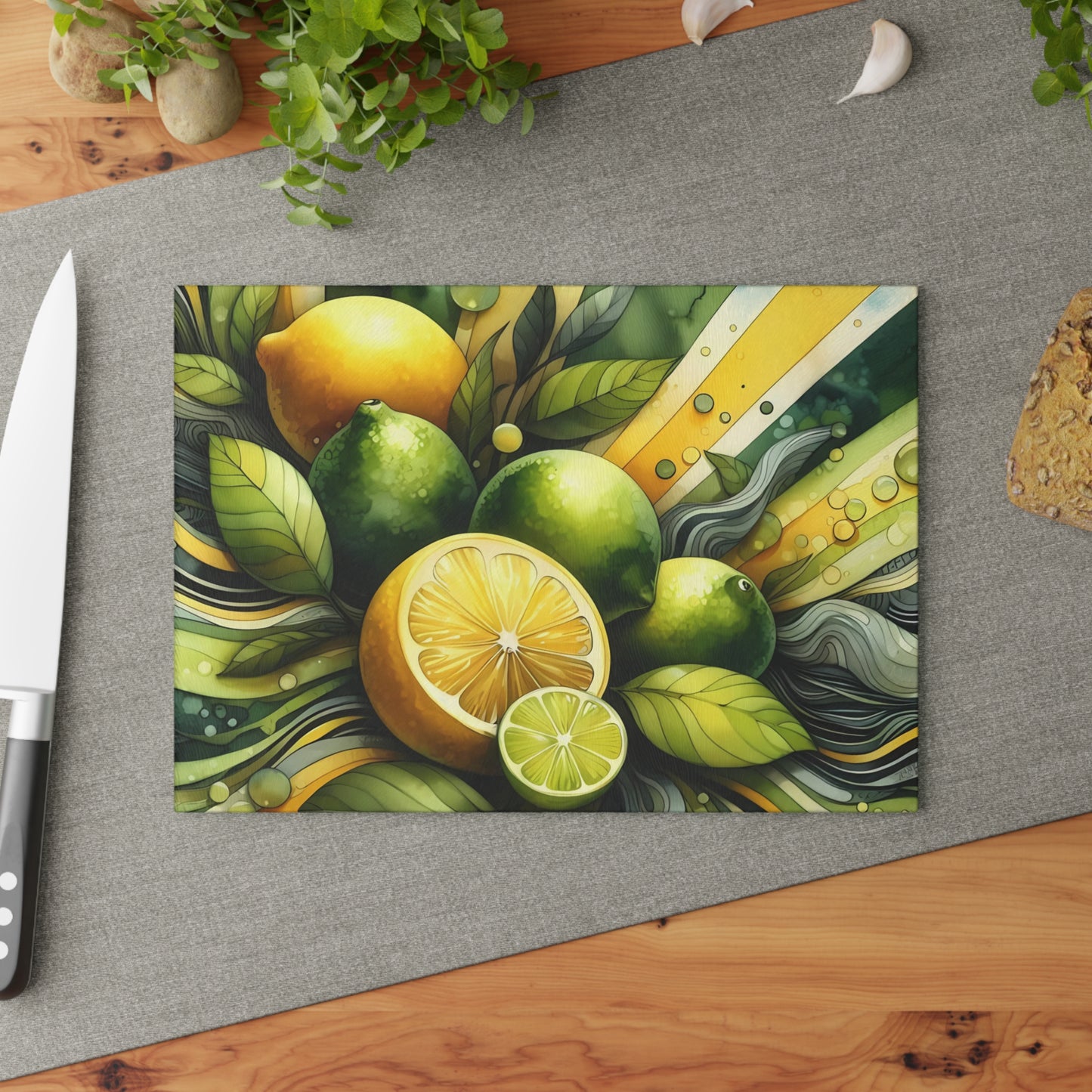 Tabla de cortar de vidrio con limones y limas frescas: decoración de cocina y estilo para servir con un toque cítrico