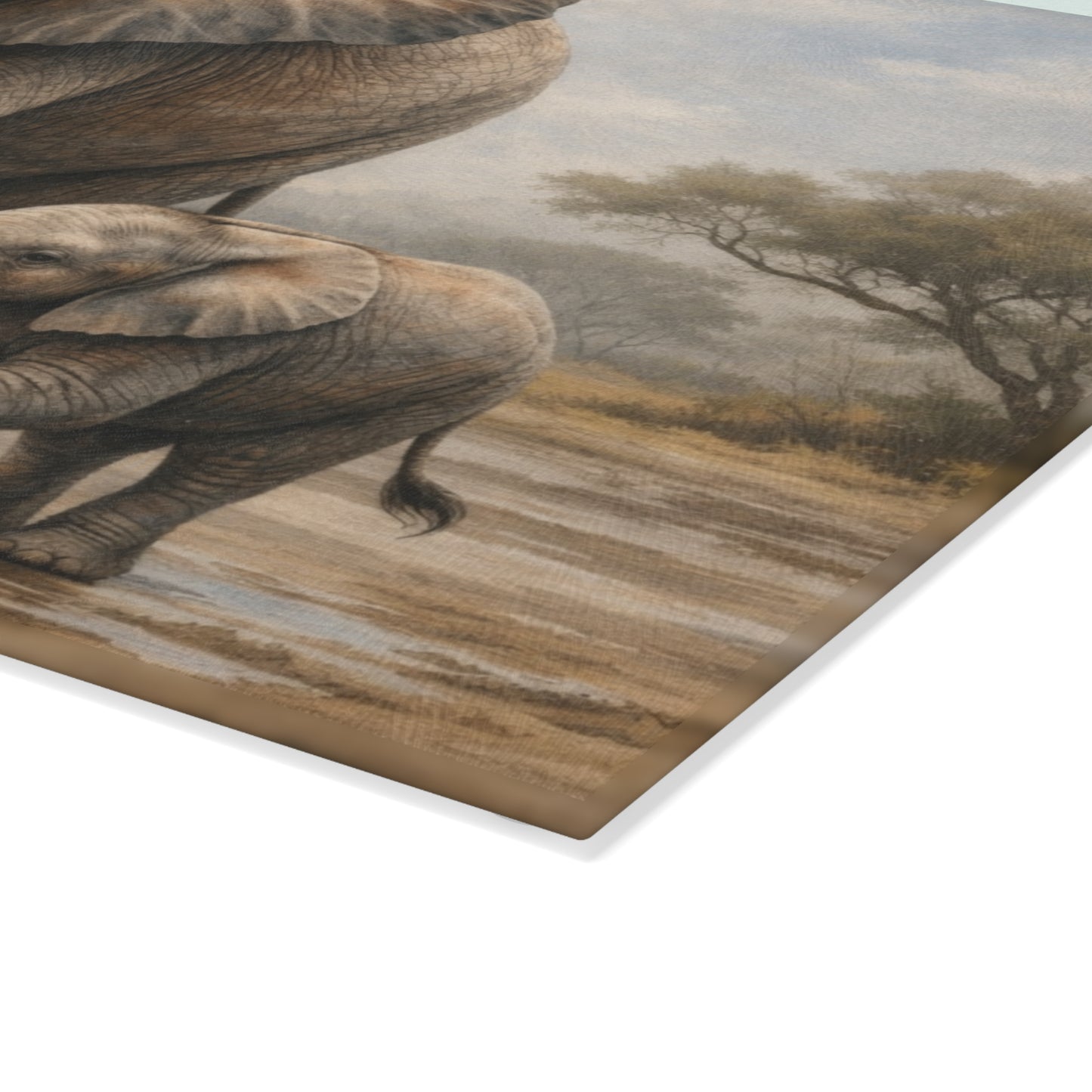 Mother and Baby Elephant Glass Cutting Board – Gentle Safari Wildlife Kitchen Art