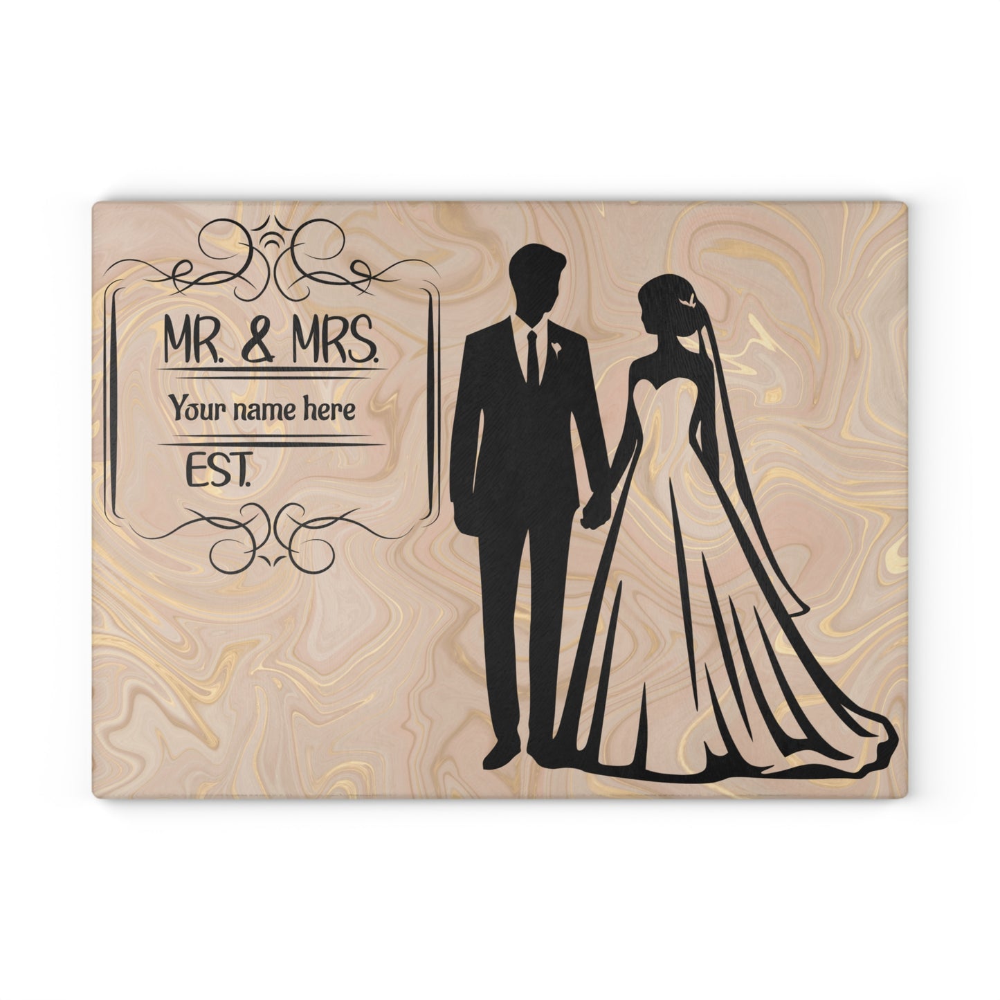 👰♀️ Tabla de cortar elegante con aspecto de mármol para Sr. y Sra.: regalo de boda personalizado con apellido y año