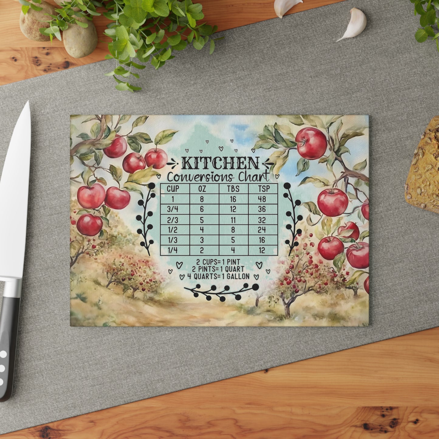 🍎📏 Apple Orchard Kitchen Conversions Cutting Board – Rustic Farmhouse Charm with Helpful Measurements 🌿🥧