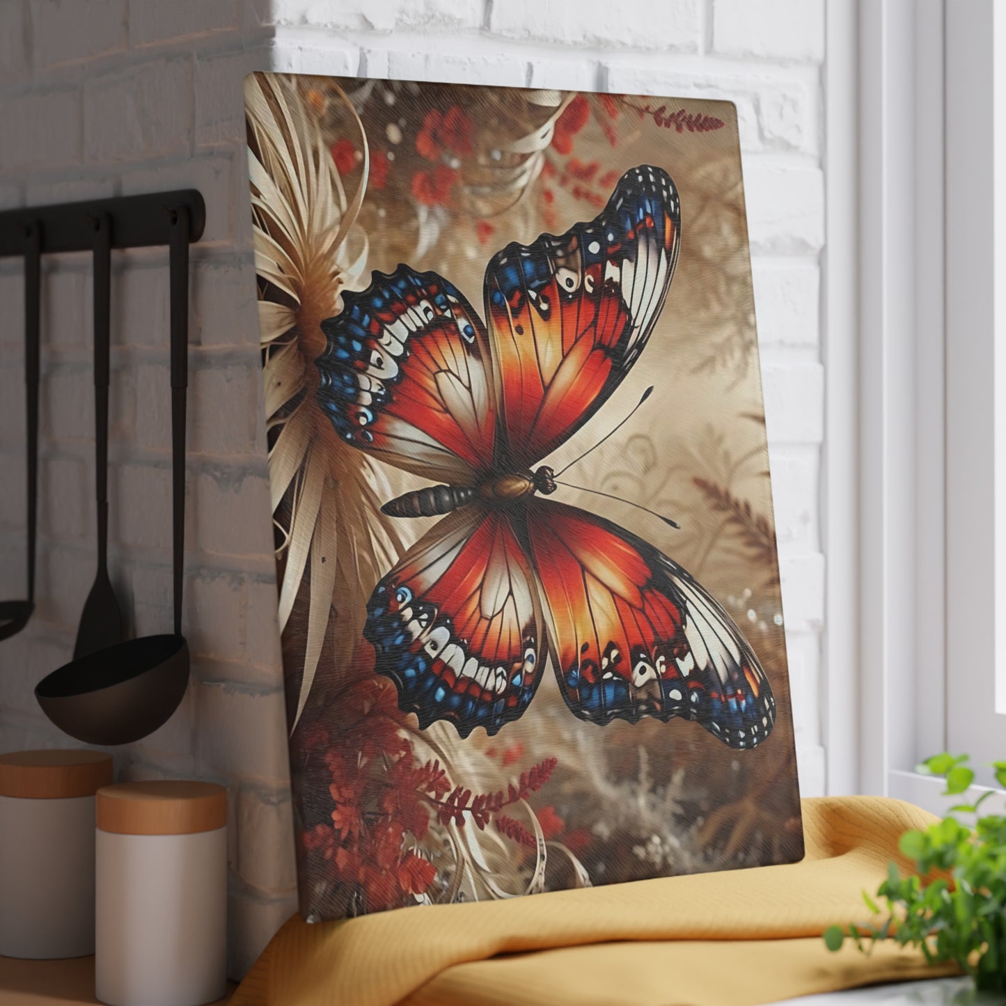 Hermosa tabla de cortar de vidrio con forma de mariposa, decoración de mariposas, tabla de cortar, decoración de cocina, arte de cocina, tabla para servir, regalo de pavo real, regalo de mariposa, tabla de cortar floral