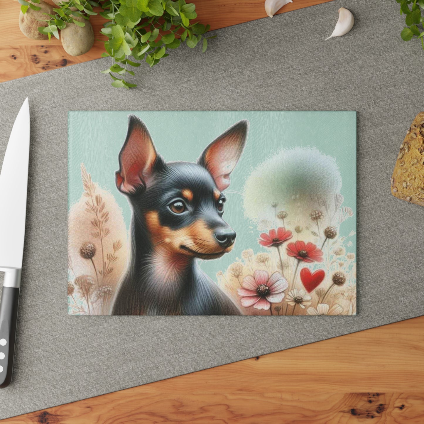🌸 Miniature Pinscher Wildflower Cutting Board – Bold Beauty with Petite Charm 🐾