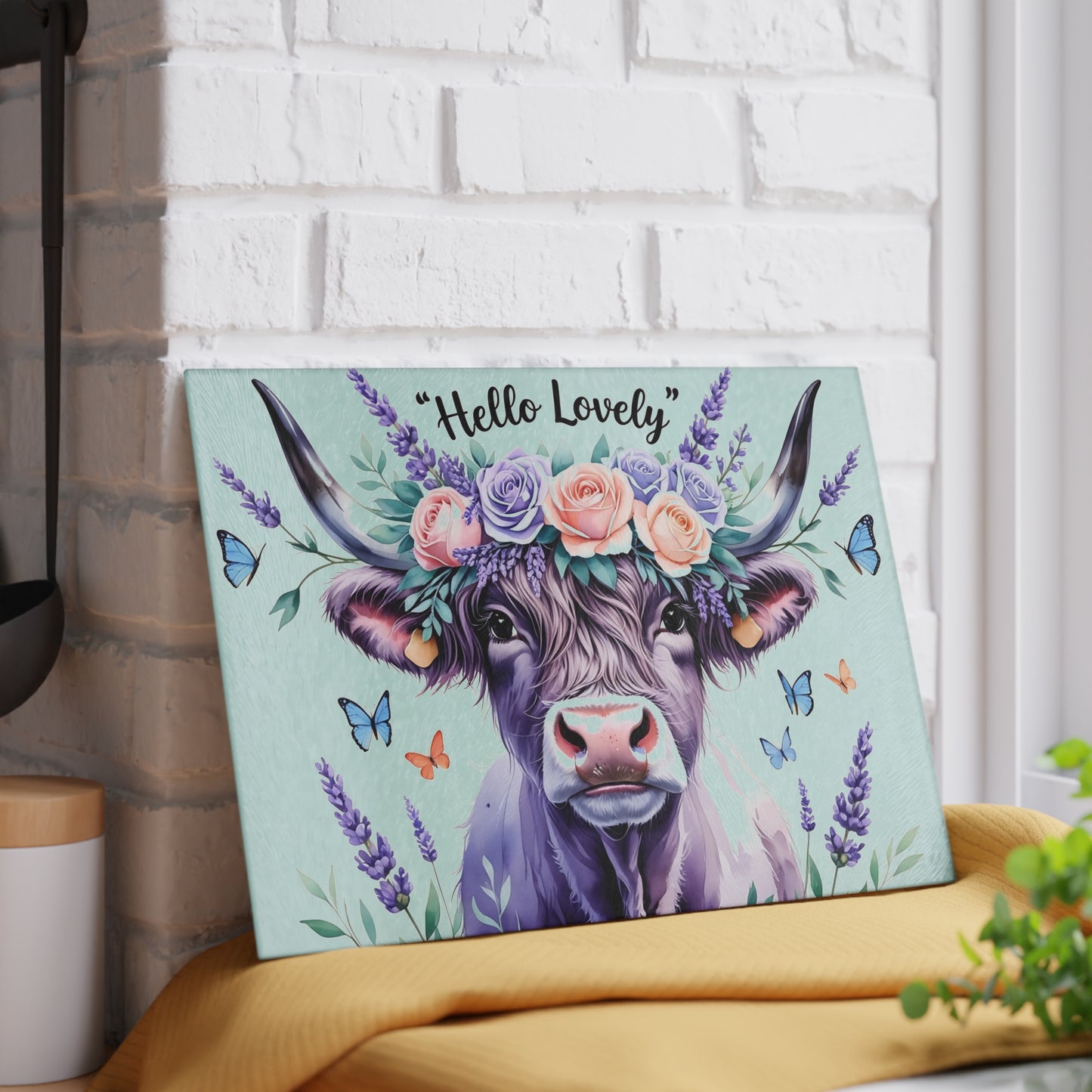 🐮 “Hello Lovely” Highland Cow Cutting Board – Floral Charm Meets Farmhouse Style