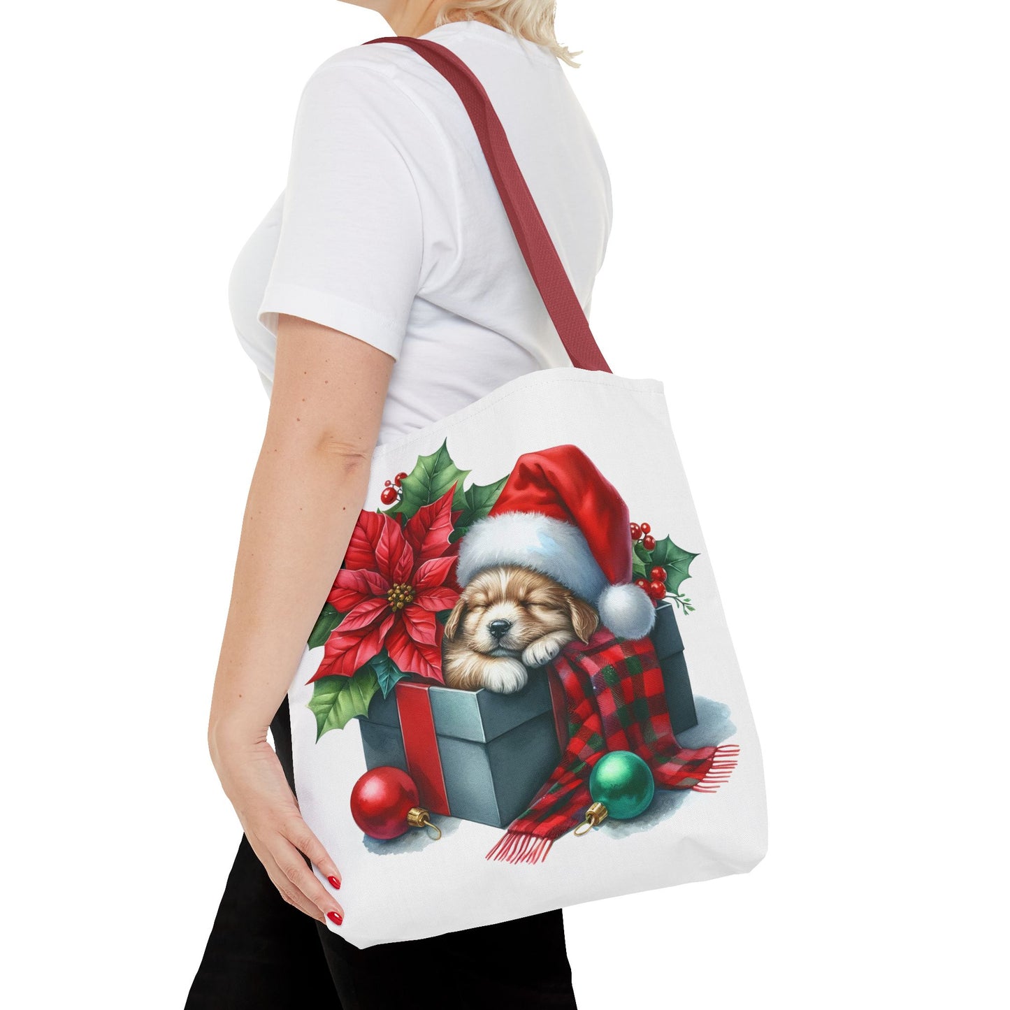 🎁 Sleeping Puppy in Gift Box Christmas Tote – Cozy Holiday Charm for Dog Lovers 🐾