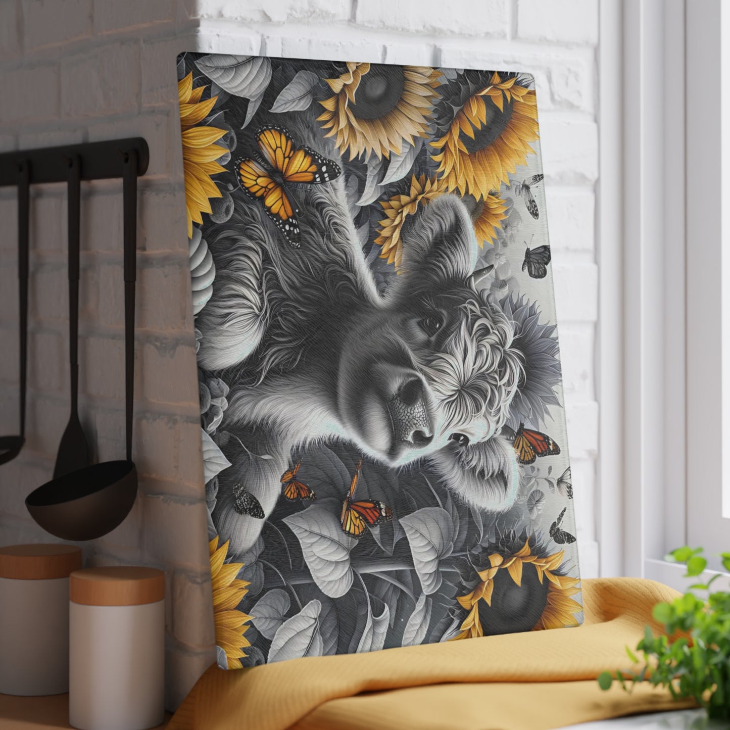 🐮 Black & White Calf with Sunflowers & Butterflies Cutting Board – Rustic Farmhouse Beauty in Glass