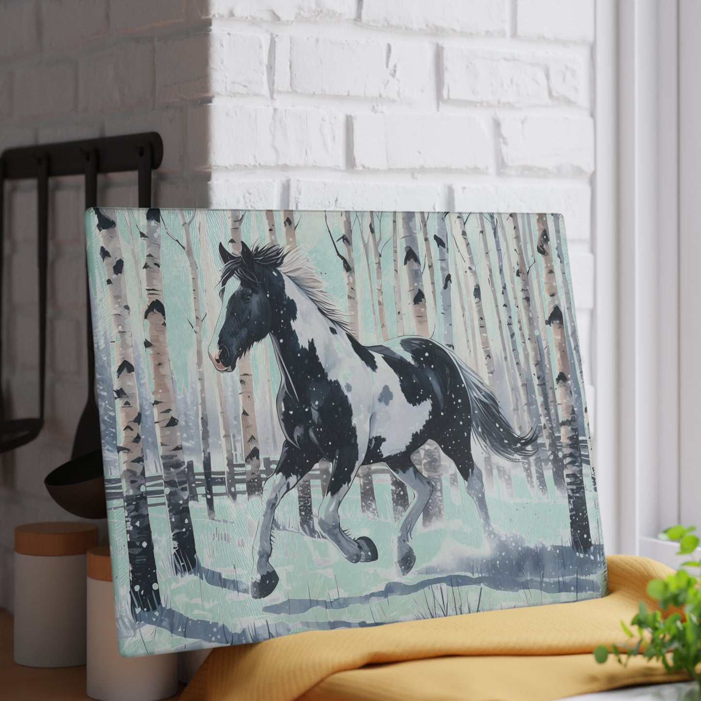 ❄️ Snowy Gallop Cutting Board – Majestic Horse in Birch Forest Winter Scene
