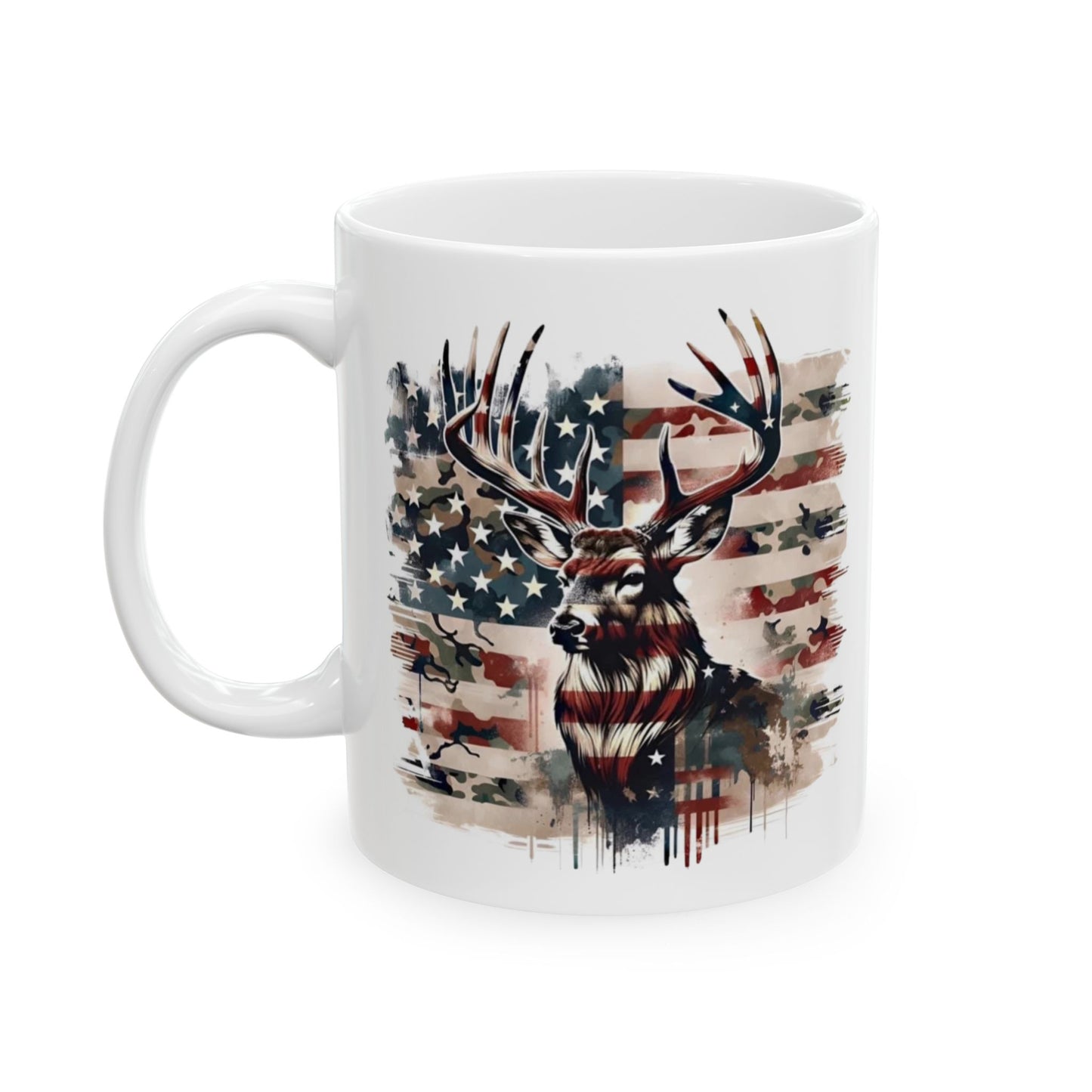 🦌USA Camo Flag Buck – Patriotic Hunting Coffee Mug (11oz & 15oz)